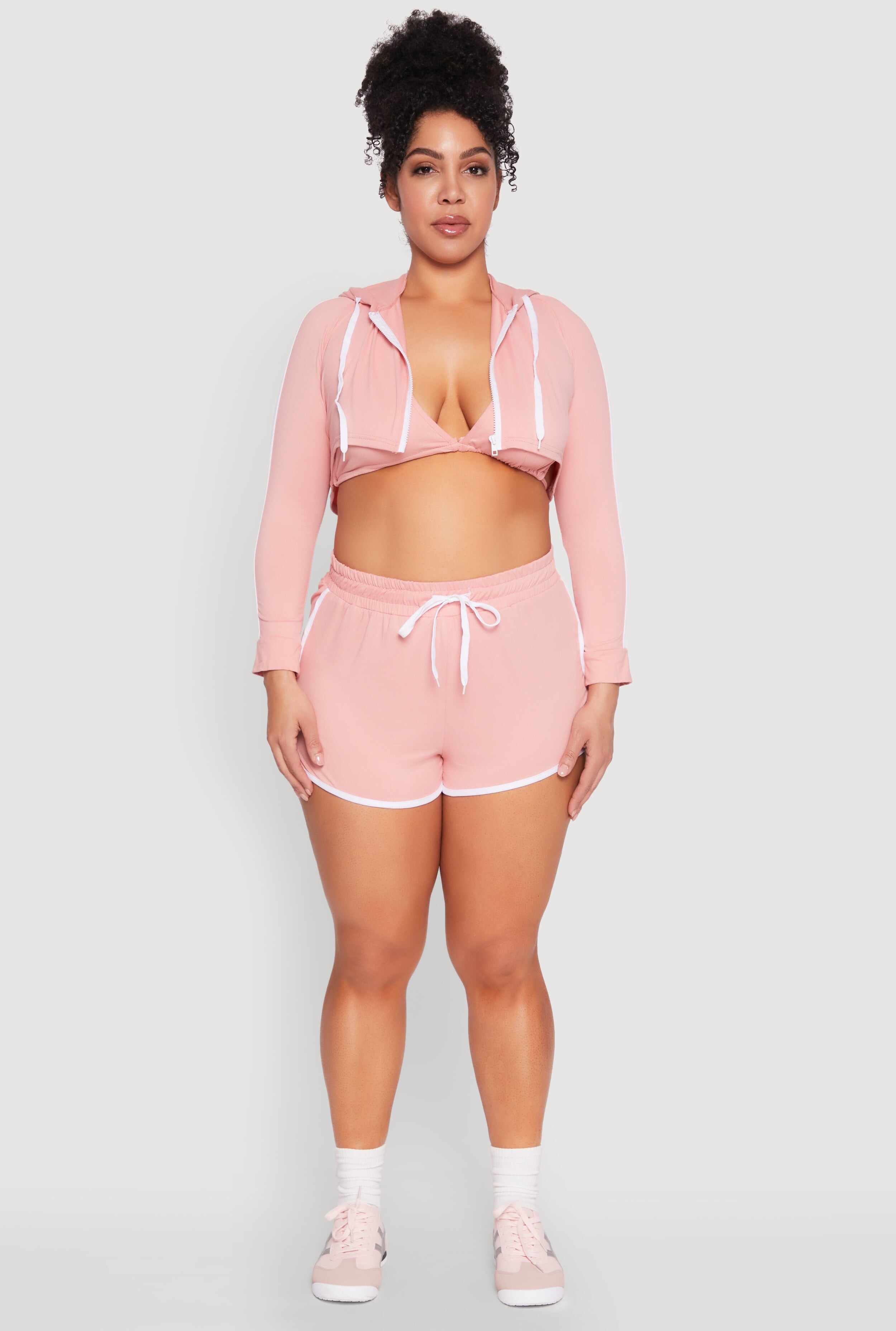 Plus Size Varsity Stripe Zip Front Cropped Hoodie