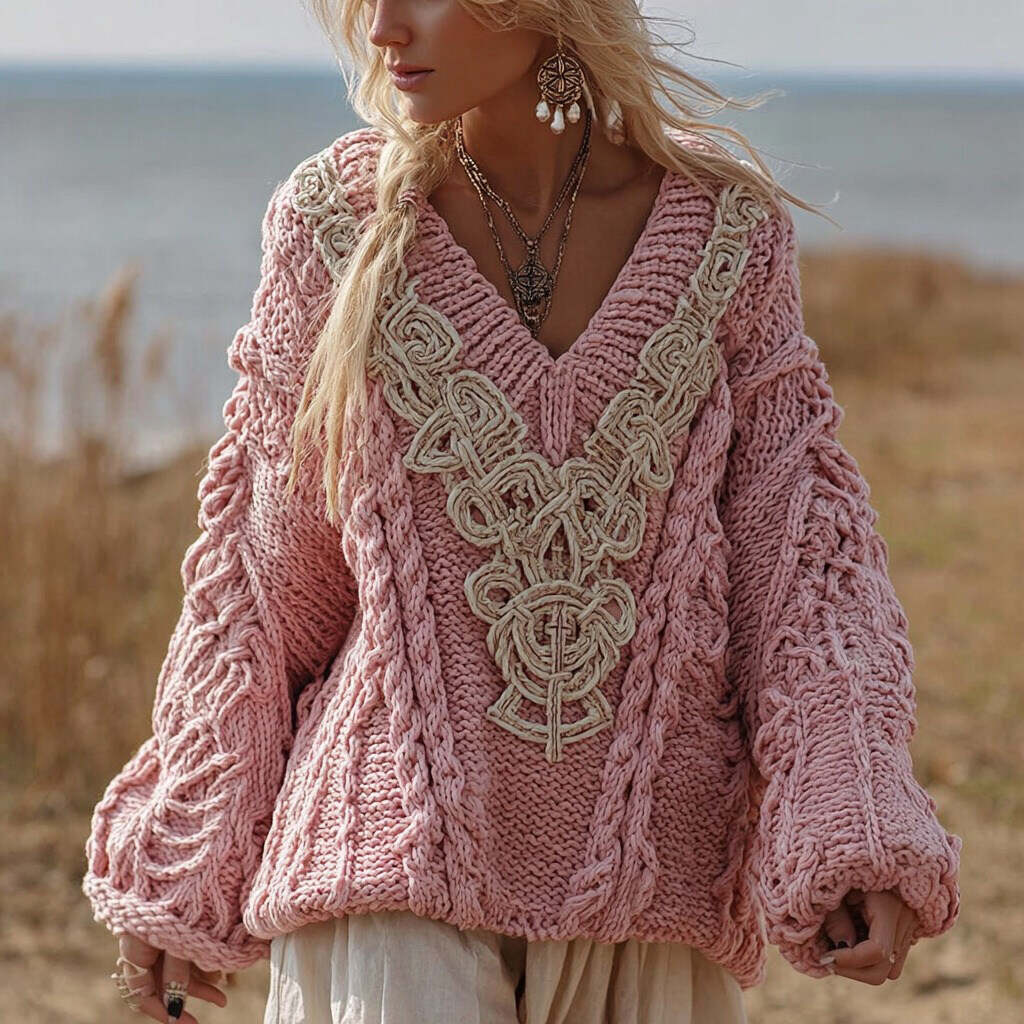 Vintage Celtic Knot V Neck Cozy Cable Chunky Knit Sweater