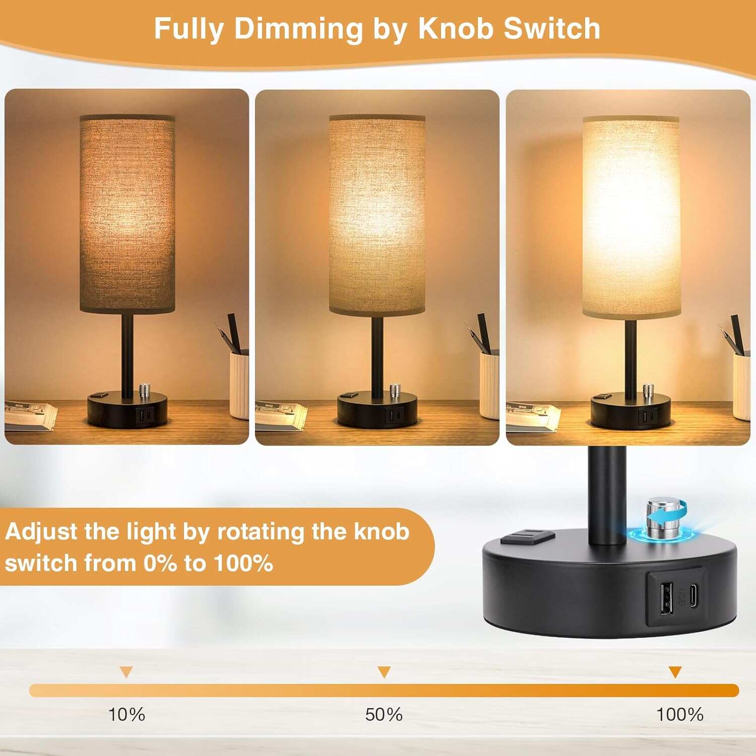 Bedside Table Lamp for Bedroom - 3 Way Dimmable Touch Lamp USB C Charging Ports and AC Outlet, Small Lamp Wood Base Round Flaxen Fabric Shade for Living Room, Desk, LED Bulb Included