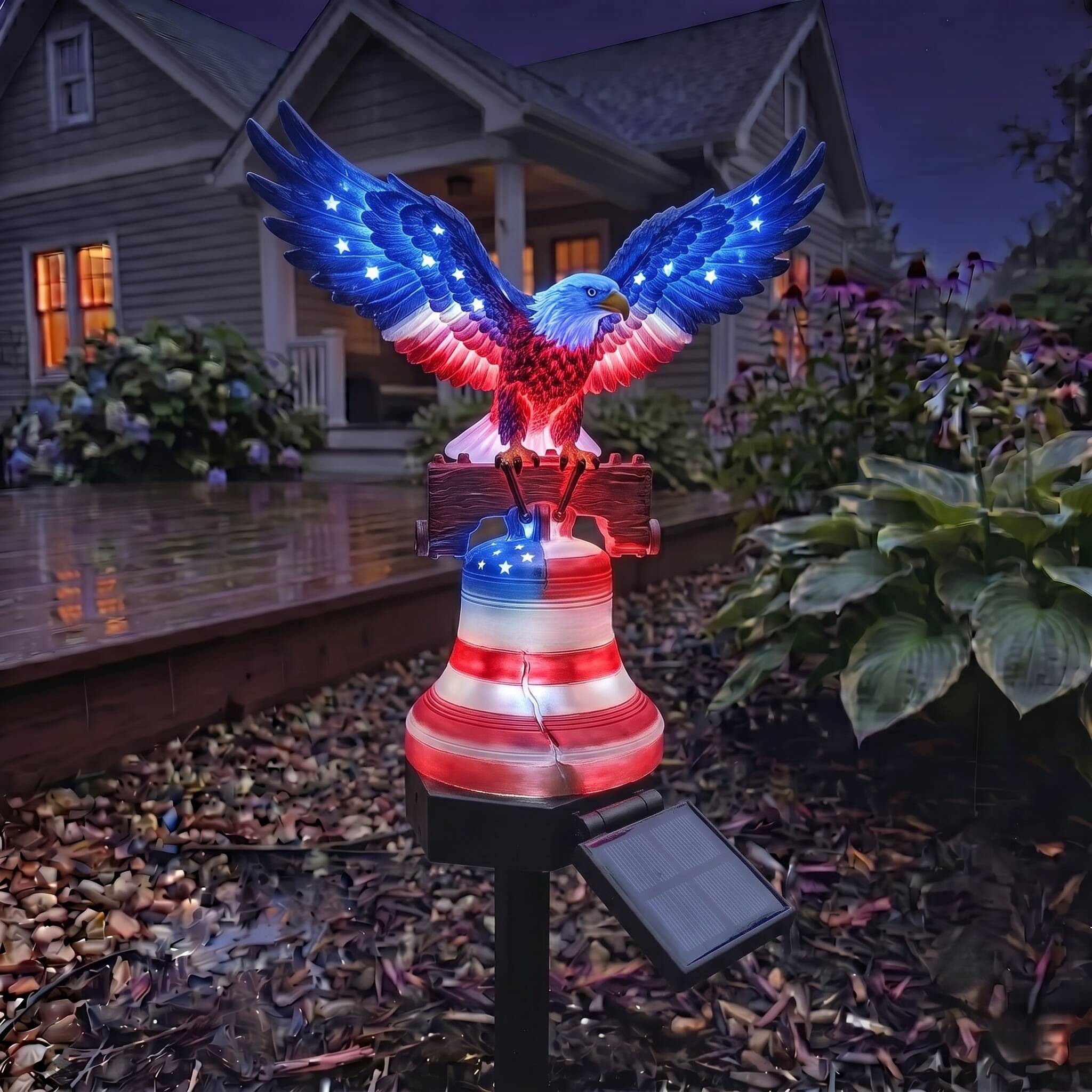 🦅 Patriotic American Bald Eagle & Liberty Bell Solar Garden Stake Light