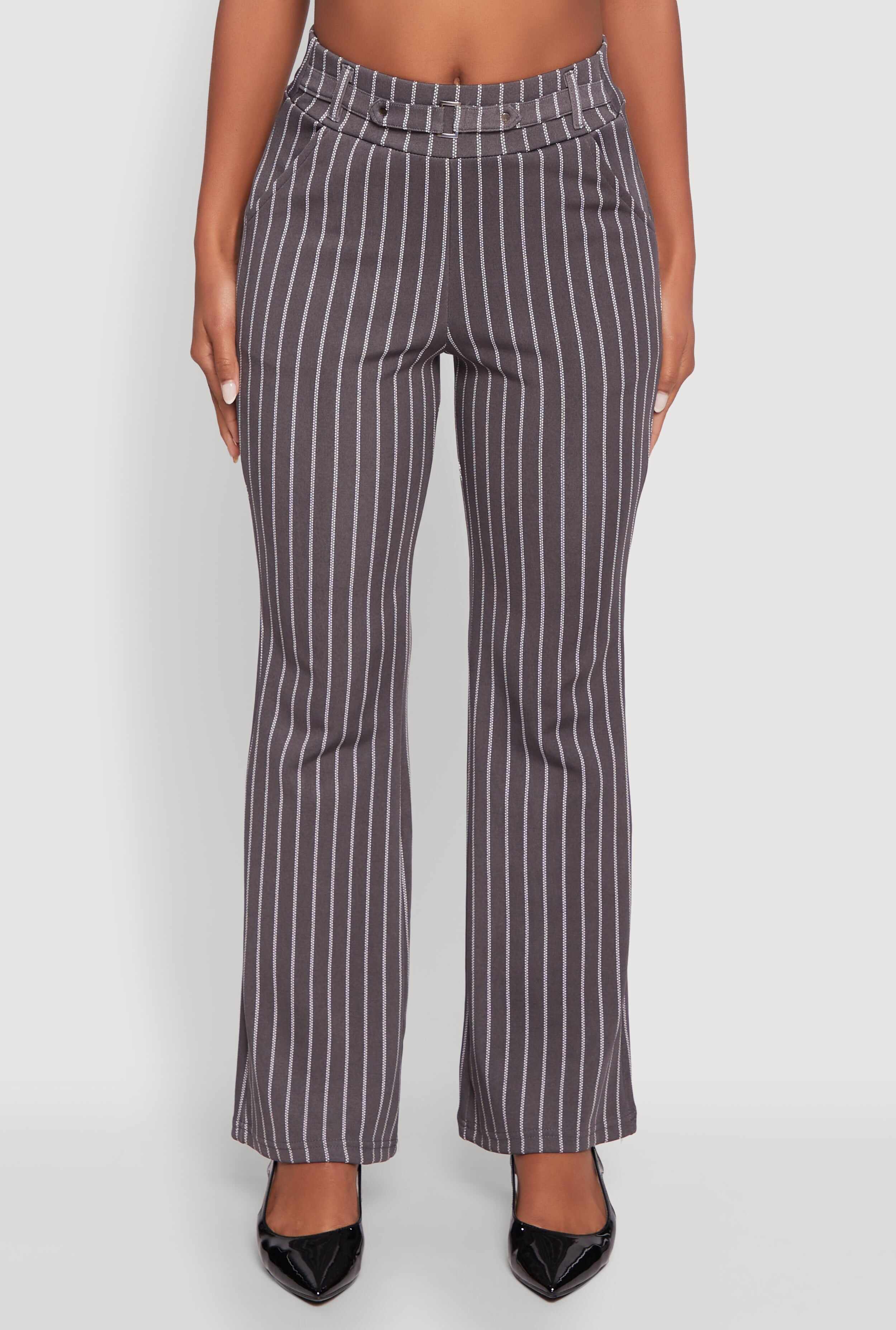 Pinstripe Buckle Detail Mid Rise Dress Pants