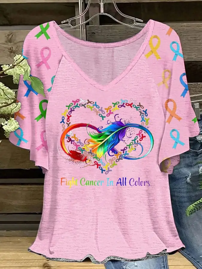 Women's Fight Cancer In All Colors Ruffle Sleeve T-Shirt