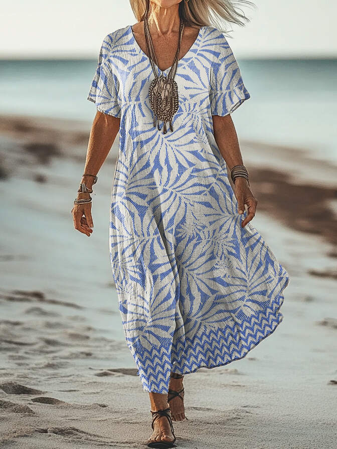 Women's Art Floral Hippie Vintage Print V Neck Dress