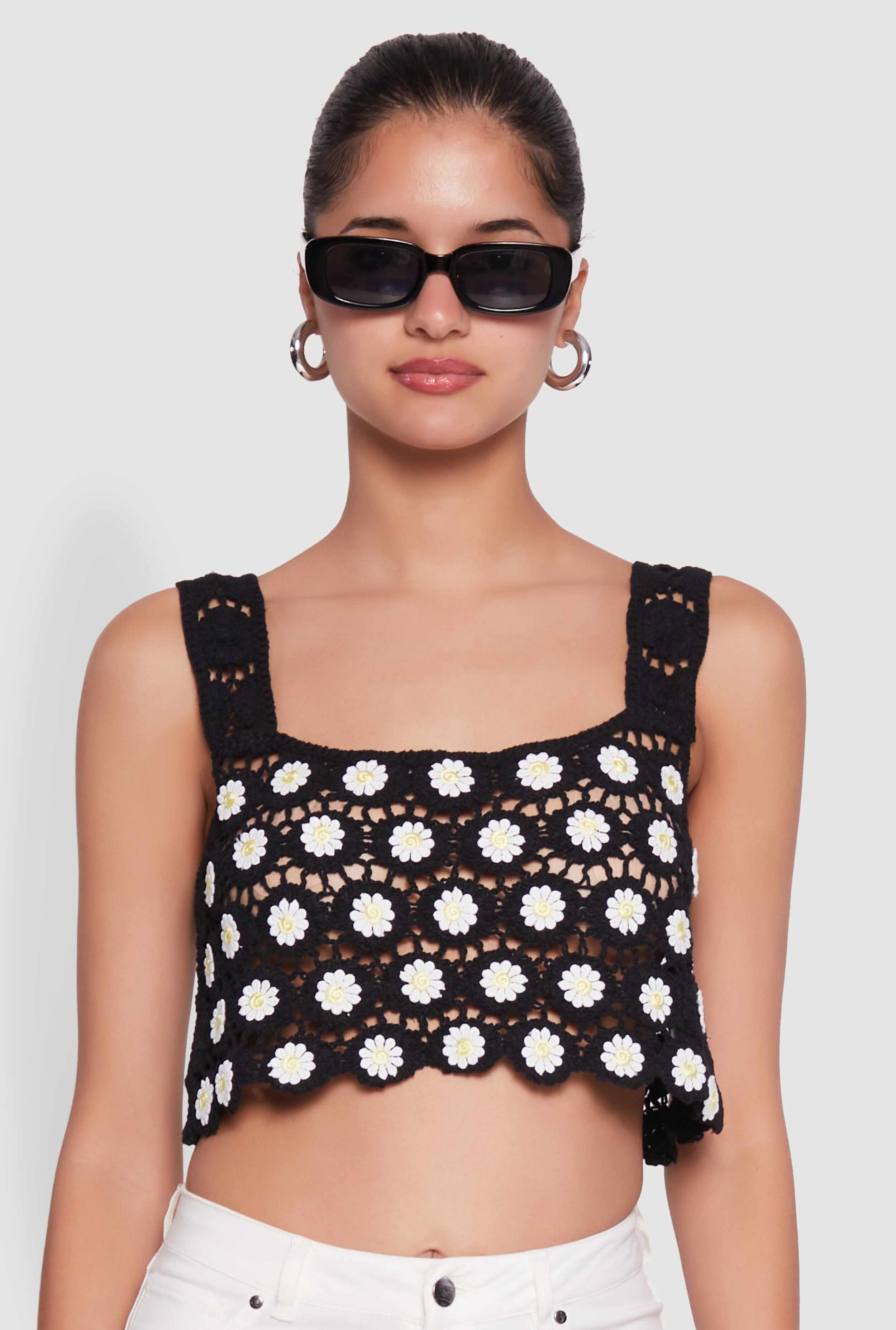Crochet Daisy Print Sleeveless Crop Top