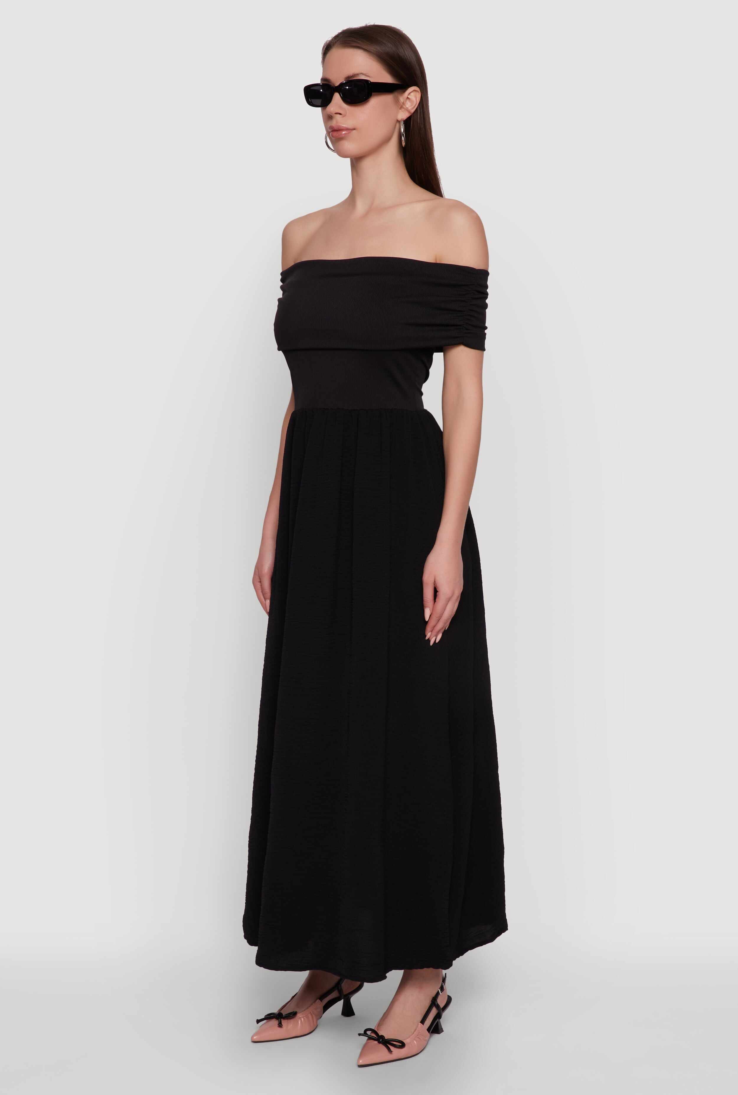 Elegant Crepe Knit Ruched Off The Shoulder Sundress