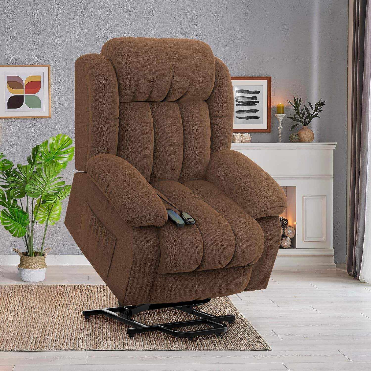 YONISEE Lar2ge Lift Chairs Recliner for Elderly - Power Fabric Lift Chair Modern with Massage and Heat, Extended Footrest, 3 Positions, 2 Side Pockets, and Cup Holders, USB Ports, Coffee Color