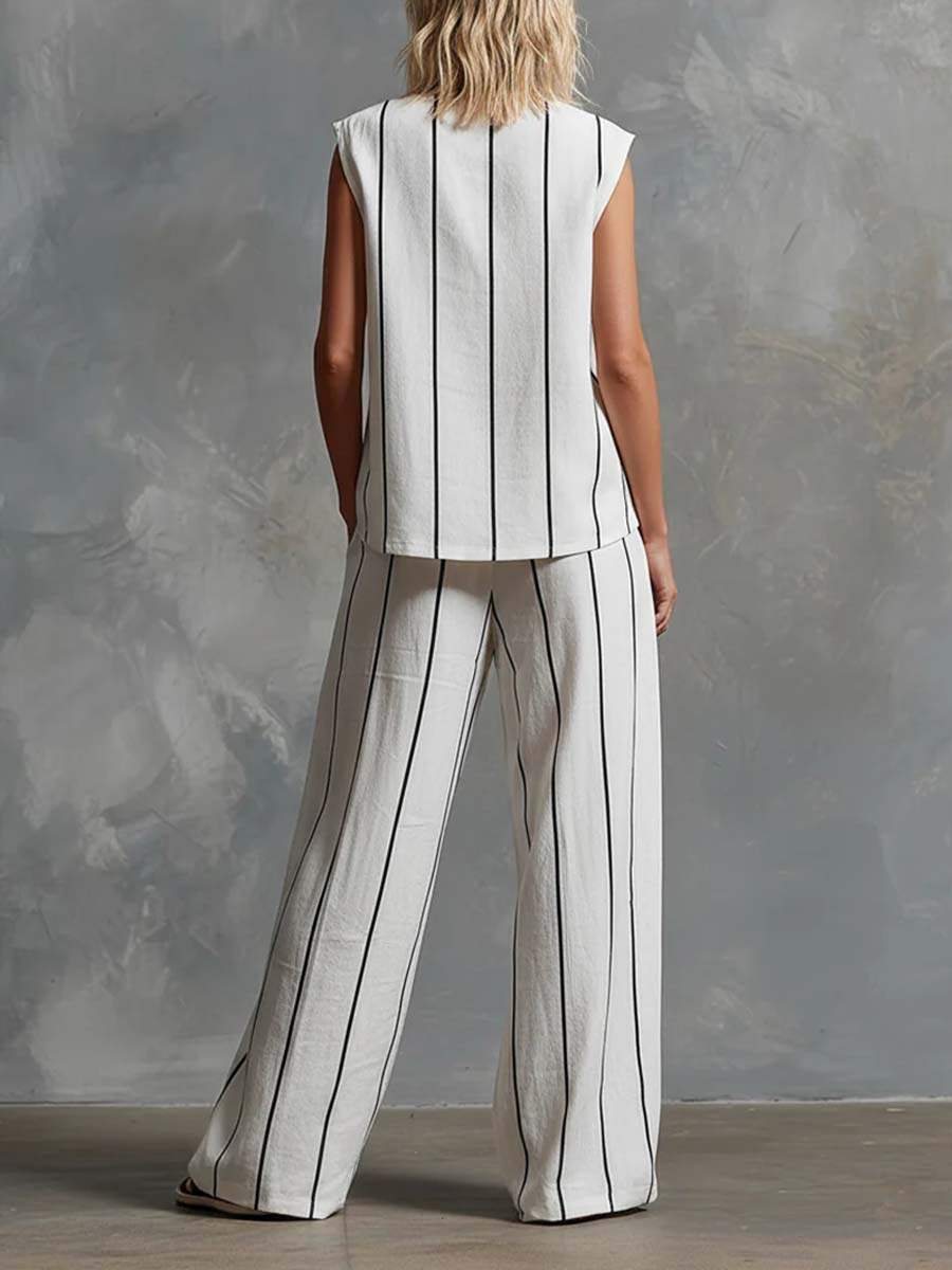 🔥Summer Arrivals🌟Women's V-neck Sleeveless Cotton Top High-waisted Casual Loose Cotton Wide-leg Pants Set