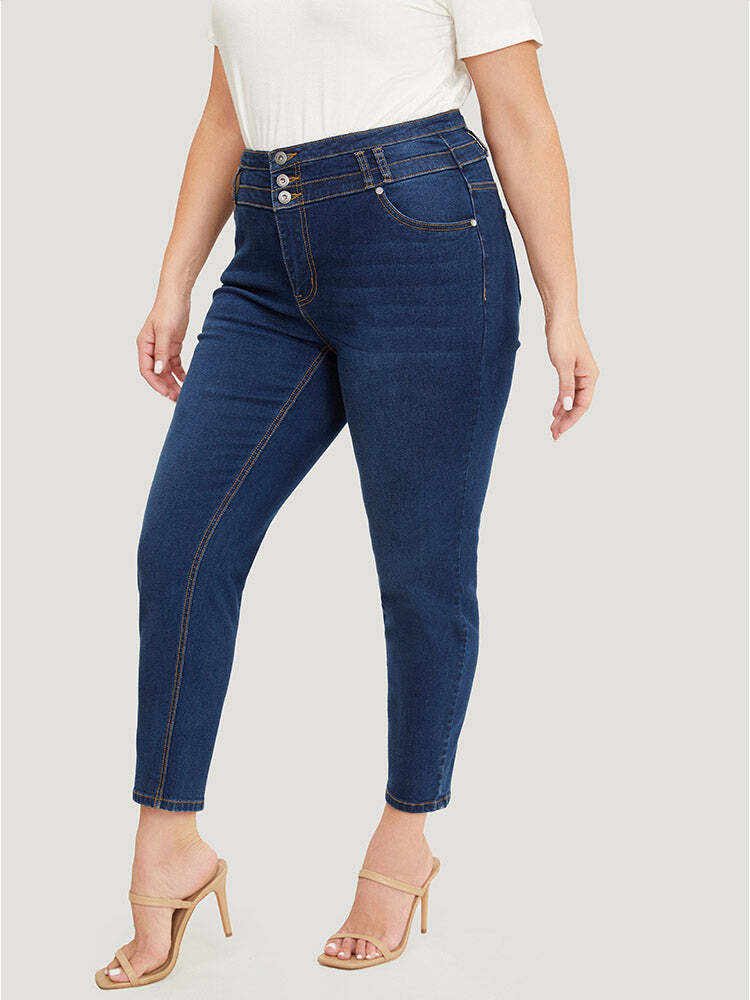 Very Stretchy High Rise Dark Wash Layered Contrast Stitch Jeans