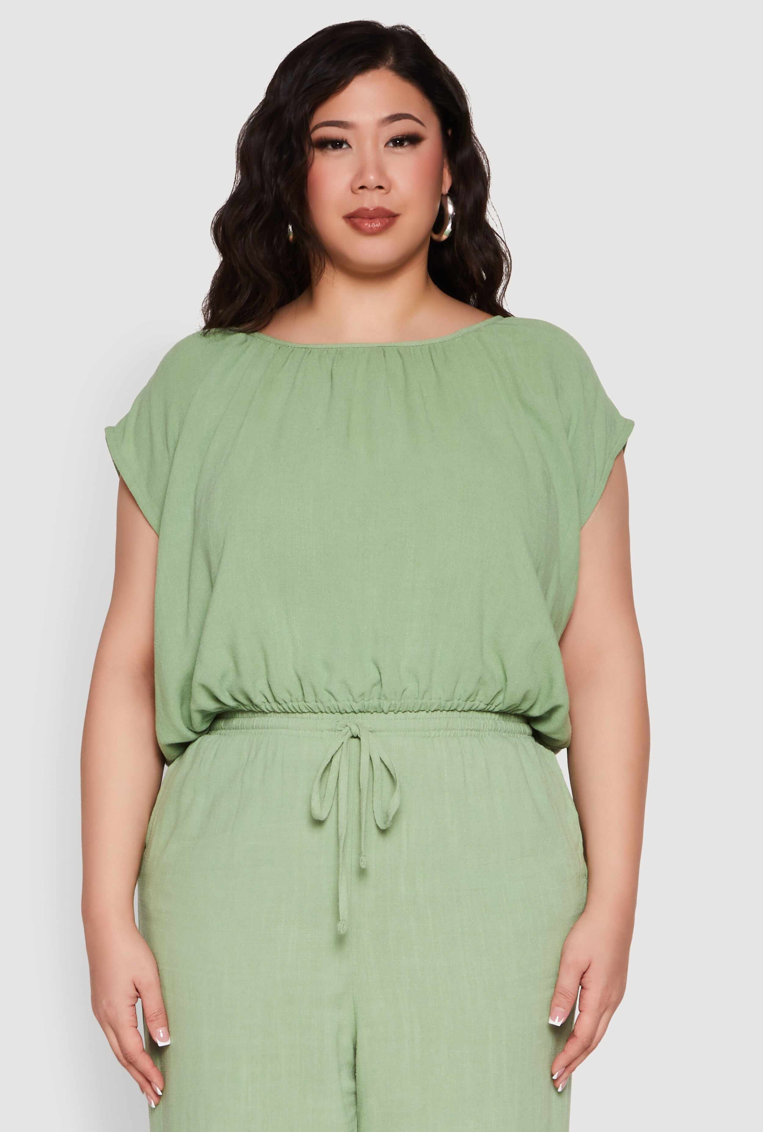 Plus Size Linen Dolman Sleeve Crop Top