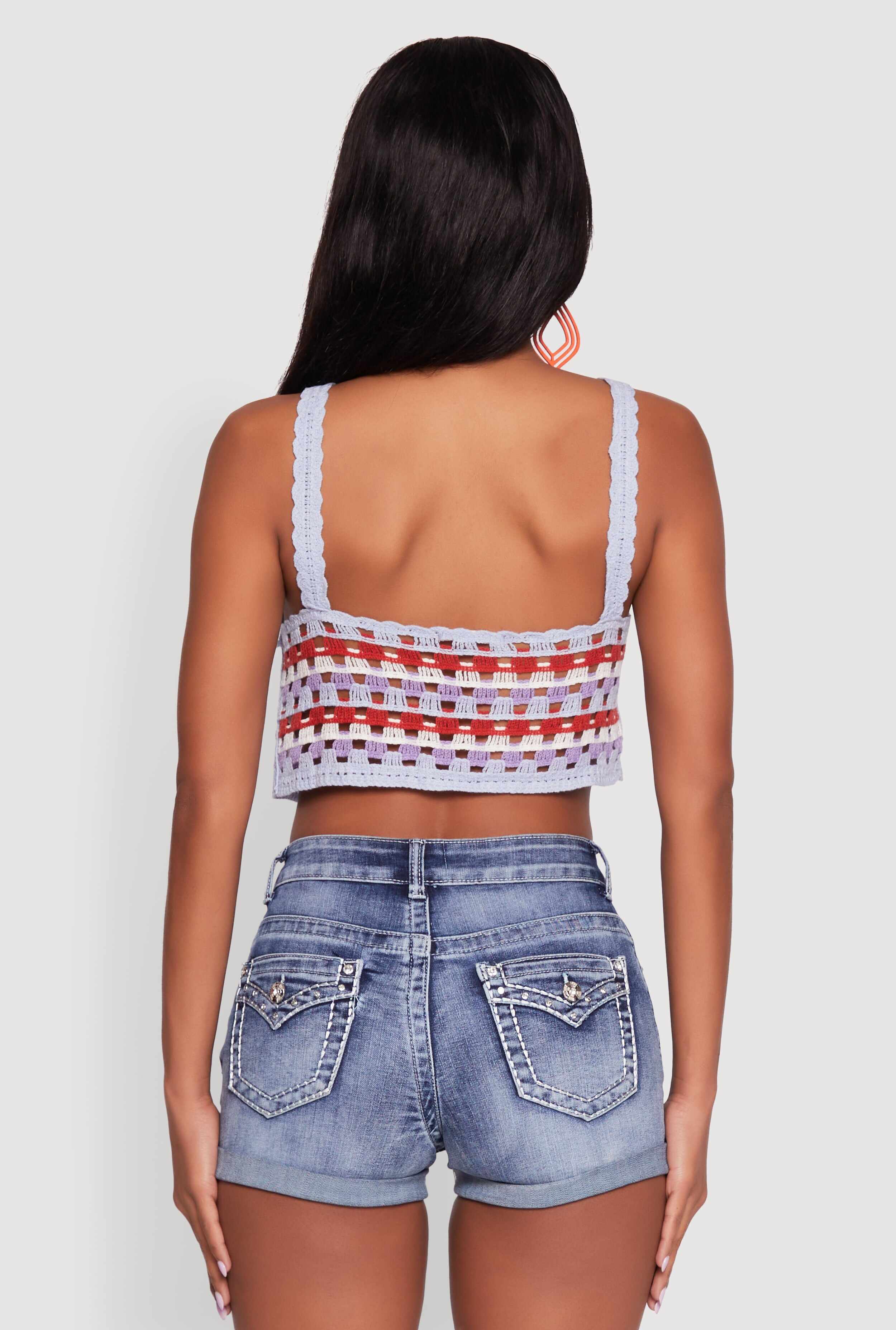 Trendy Color Blocked V-Neck  Crochet Crop Top