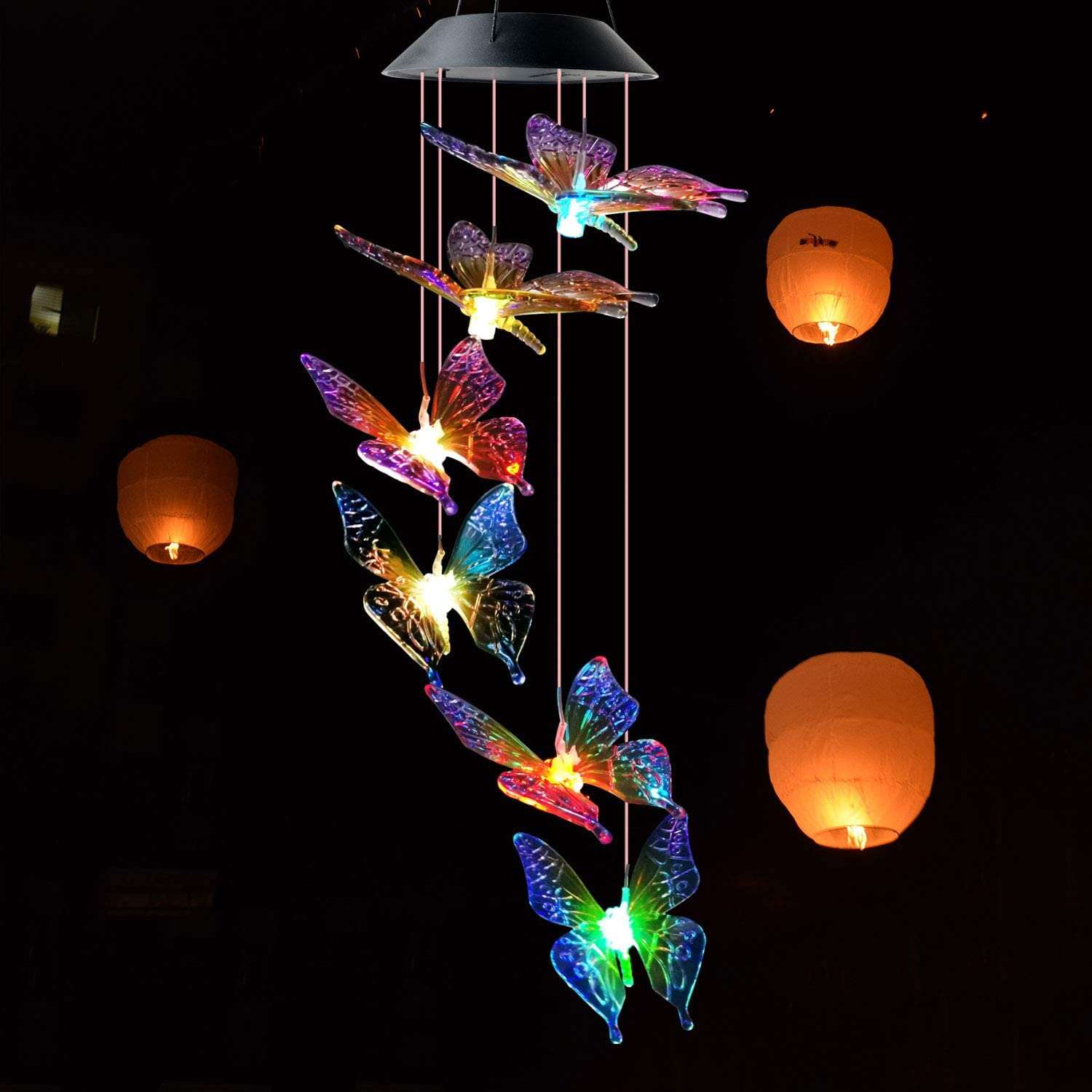 Colorful Butterfly Solar Wind Chimes Outdoor Color Changing Mobile Solar Hanging Light