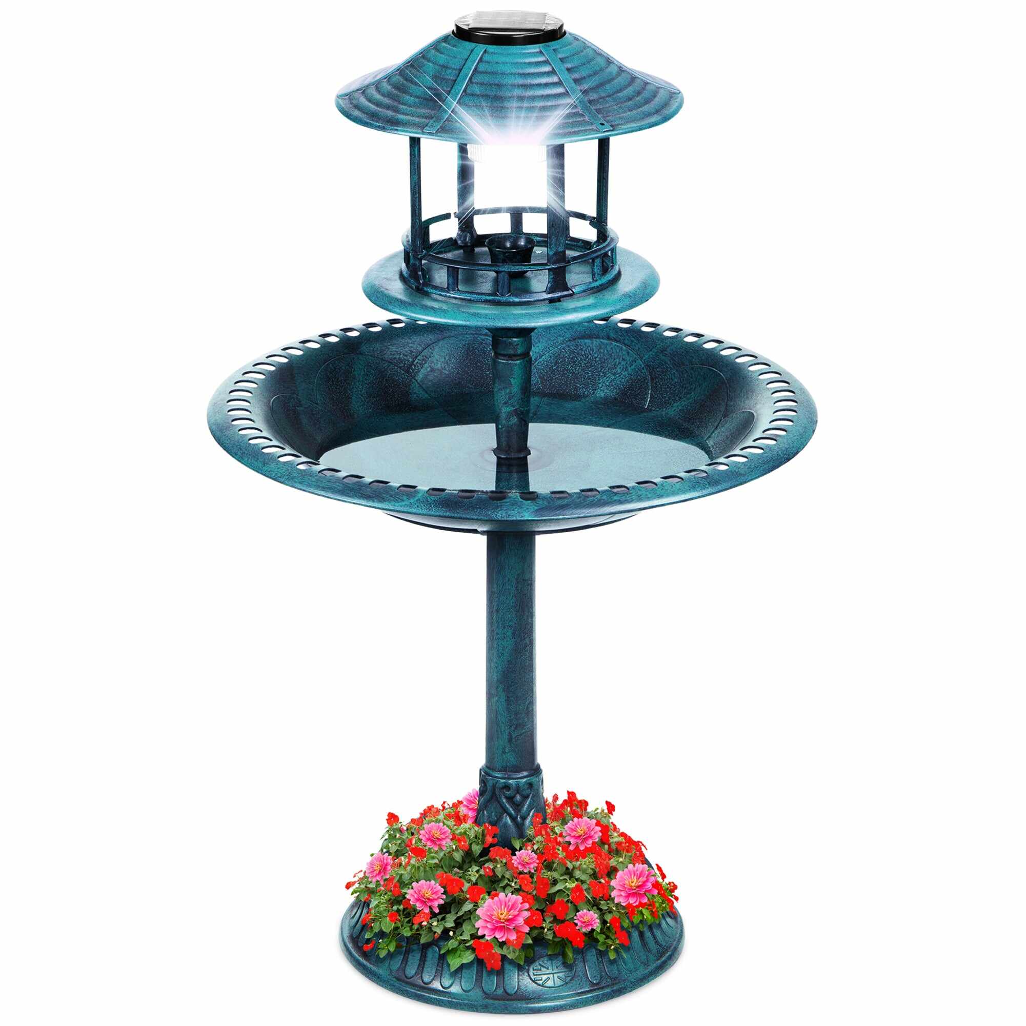 Solar Lighted Outdoor Pedestal Bird Bath w/ Planter, Decorative Bird Cage