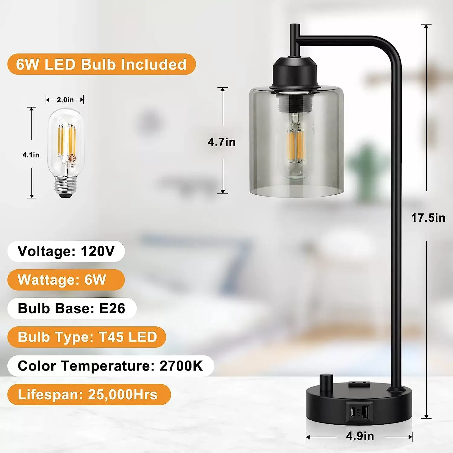 Industrial Bedside Table Lamp for Bedroom - Nightstand Lamps with USB C Charging Port, Fully Dimmable Black Lamps with USB Ports and Outlets, Small Desk Lamp with Glass Shade for Office Living Room
