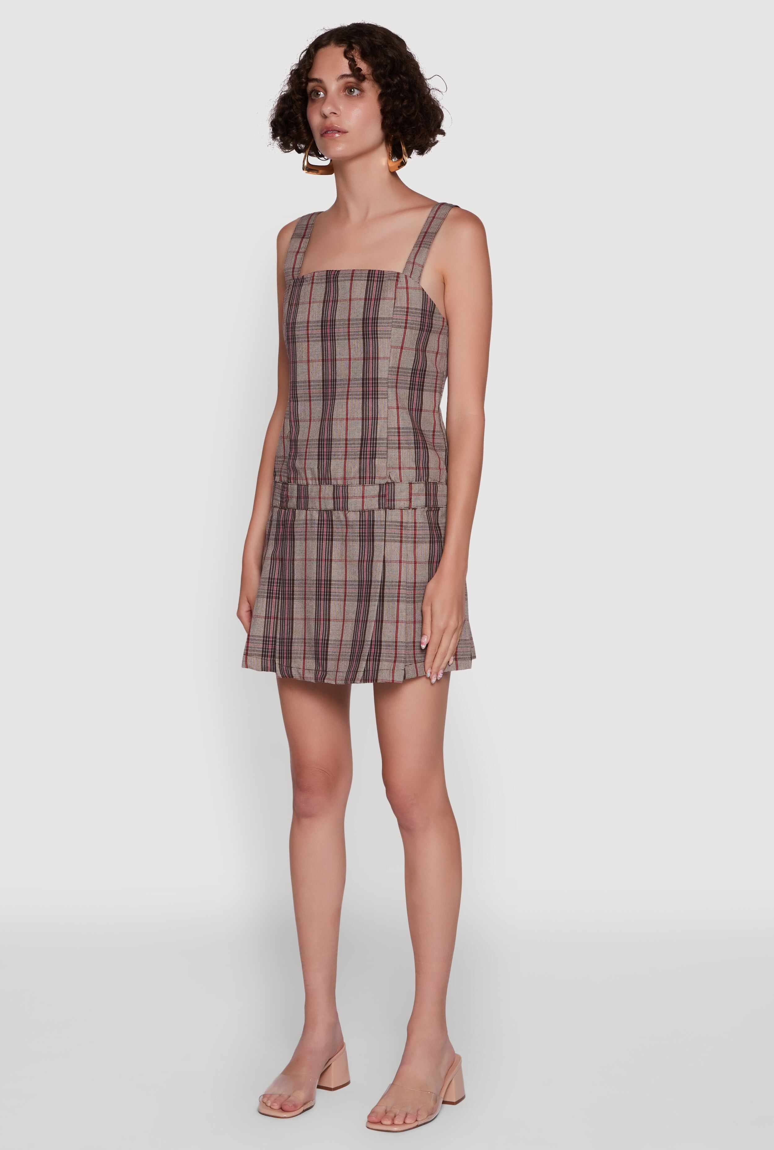 Plaid Square Neck Sleeveless Pleated Hem Dress