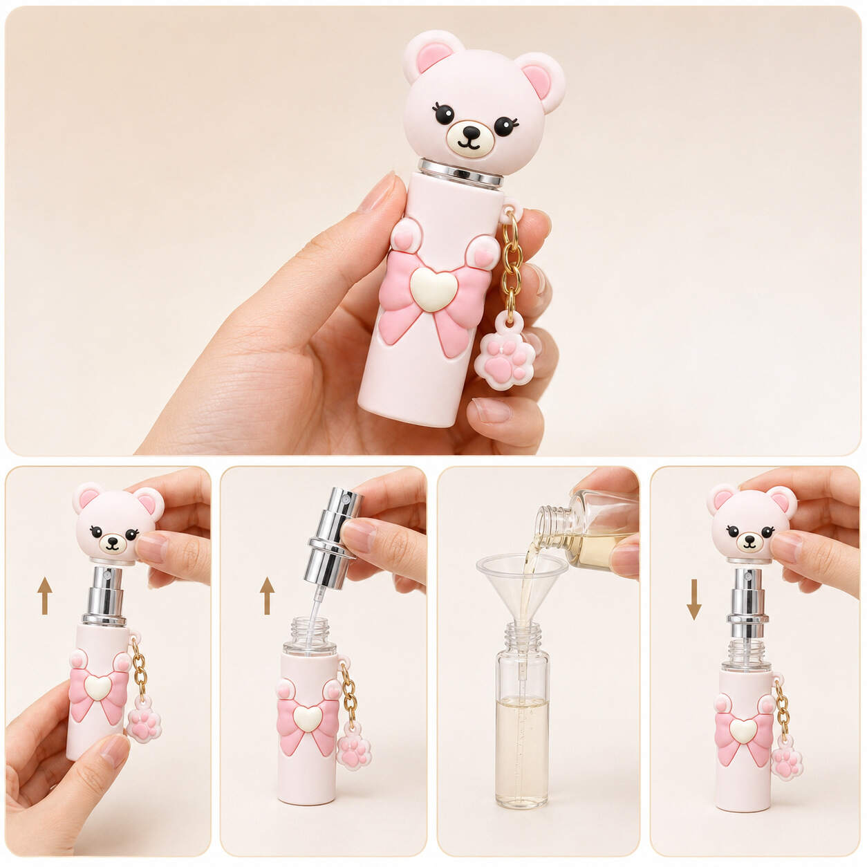 Cute little bear perfume spray bottle, travel-sized mini perfume, press-down toner