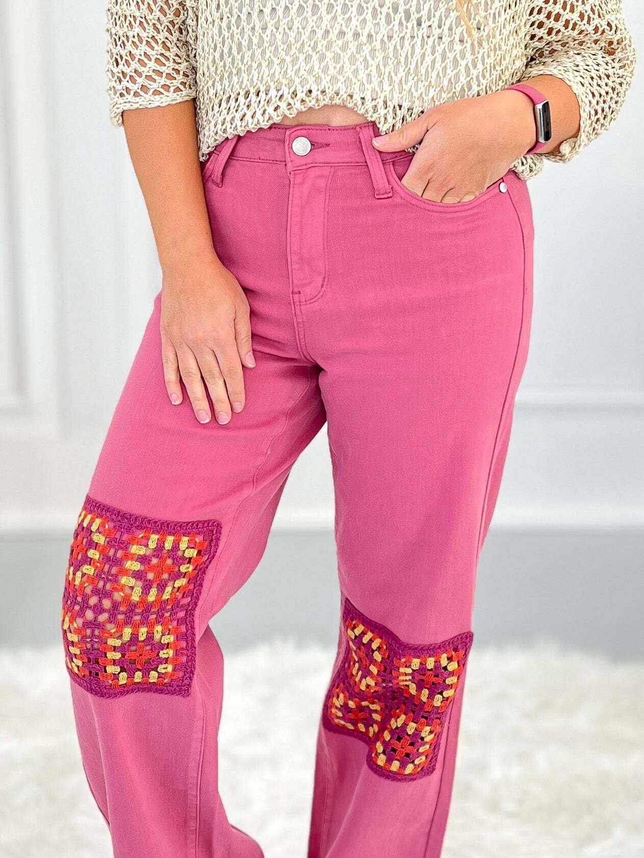 Christmas - Dusty Pink Dyed Crochet Patched Wide Jeans - Final Sale