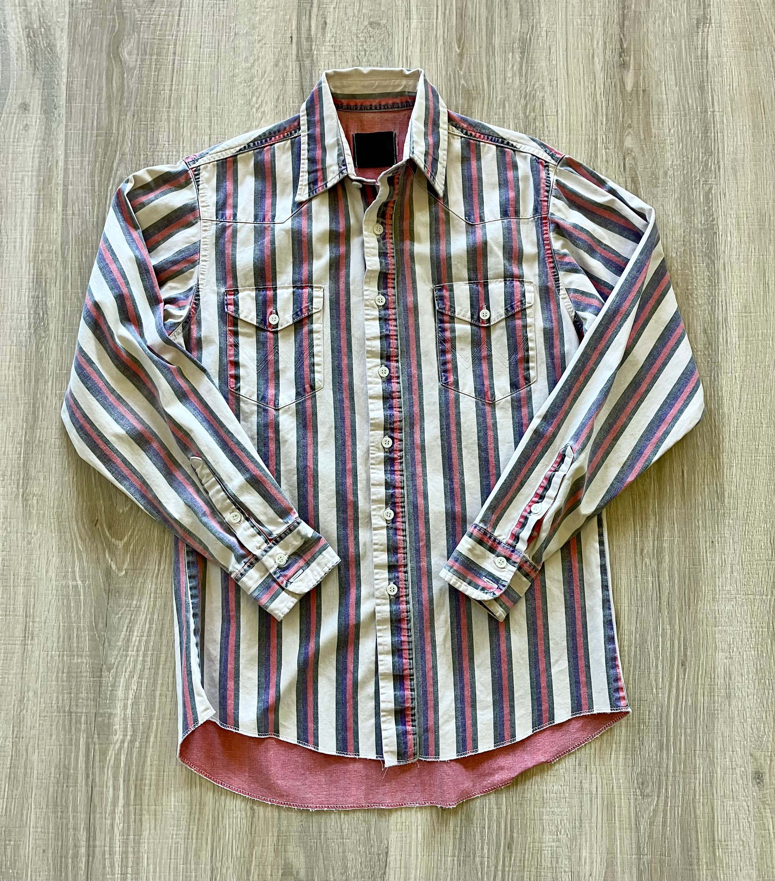 Men's Fashion Western Dark Blue Khaki Striped Long Sleeve Shirt