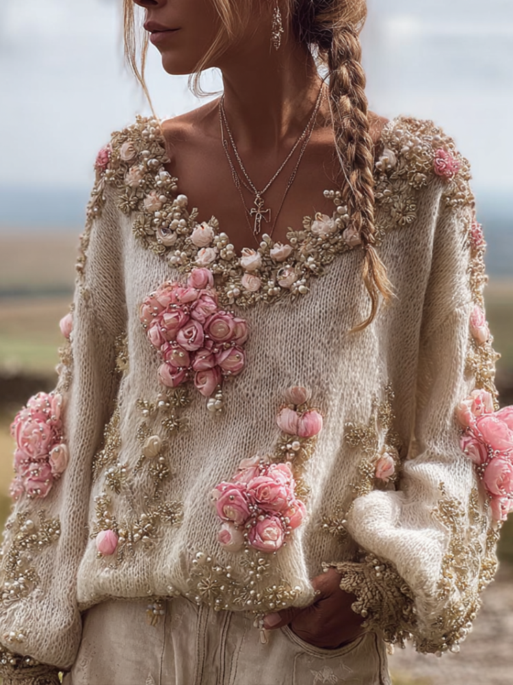 Women's Bohemian Style Round Neck 3d Pink Flower Embroidery Long Sleeve Knitted Sweater