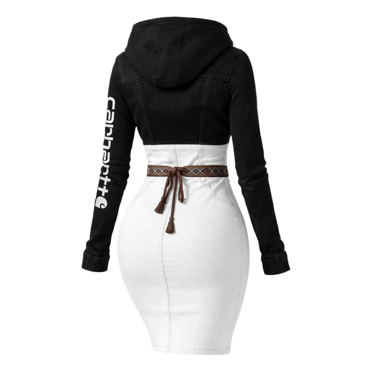 Hooded Denim and White Panel Dress with Belted Waist