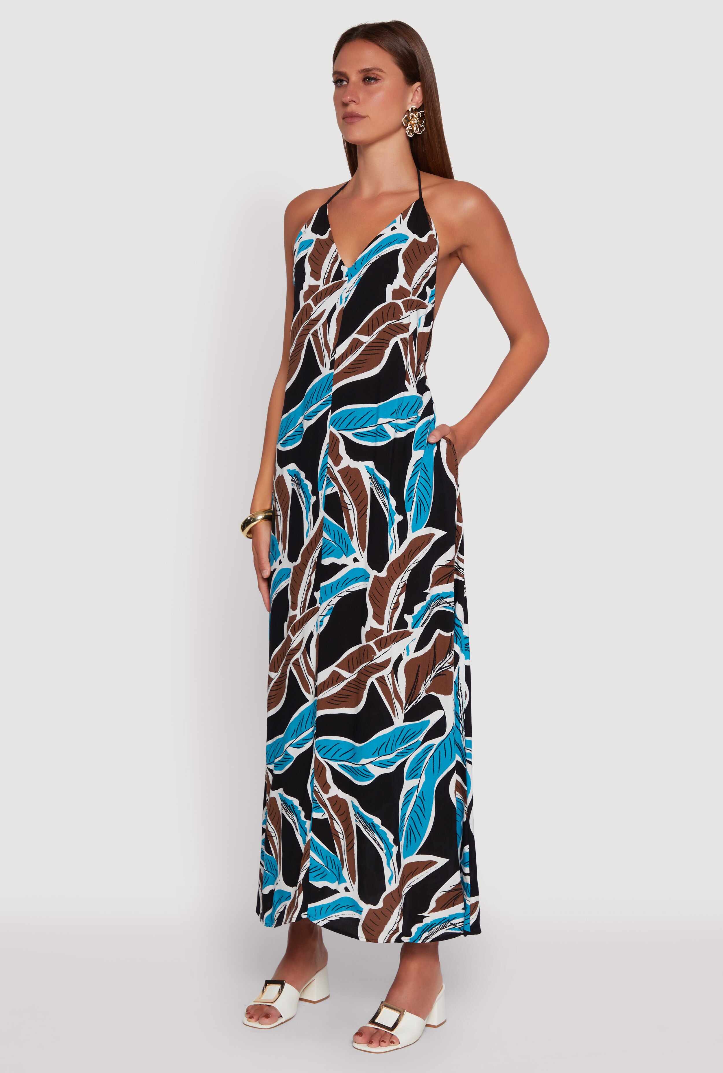 Tropical Leaf Print Rope Strap Halter Maxi Dress