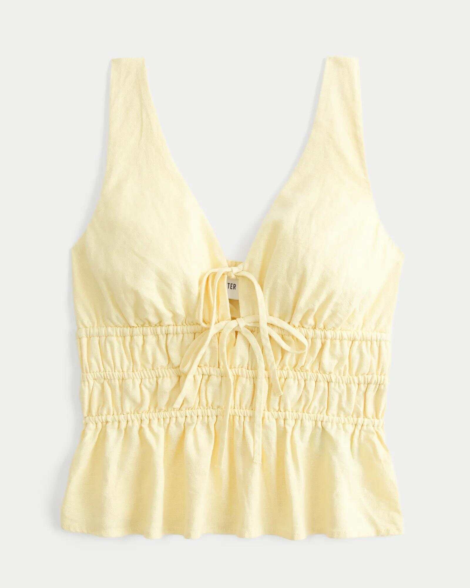Linen-Blend Tie-Front Peplum Top