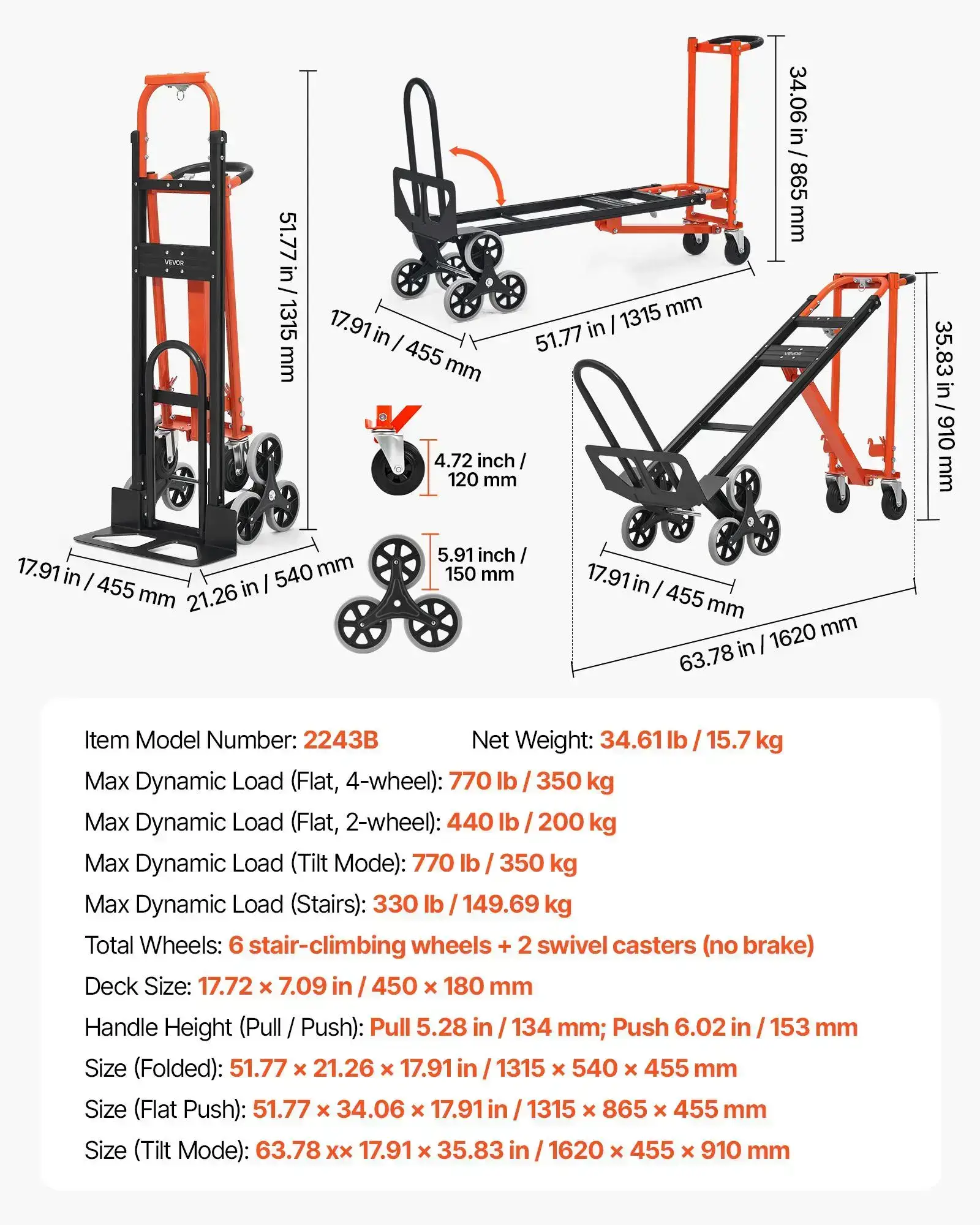 3 in 1 Industrial Convertible Stair Climbing Cart, 770 lbs Max Load, Folding Hand Truck Dolly with Handle & Wheels, Stair Climbing Utility Trolley for Transport & Moving, Orange & Silver