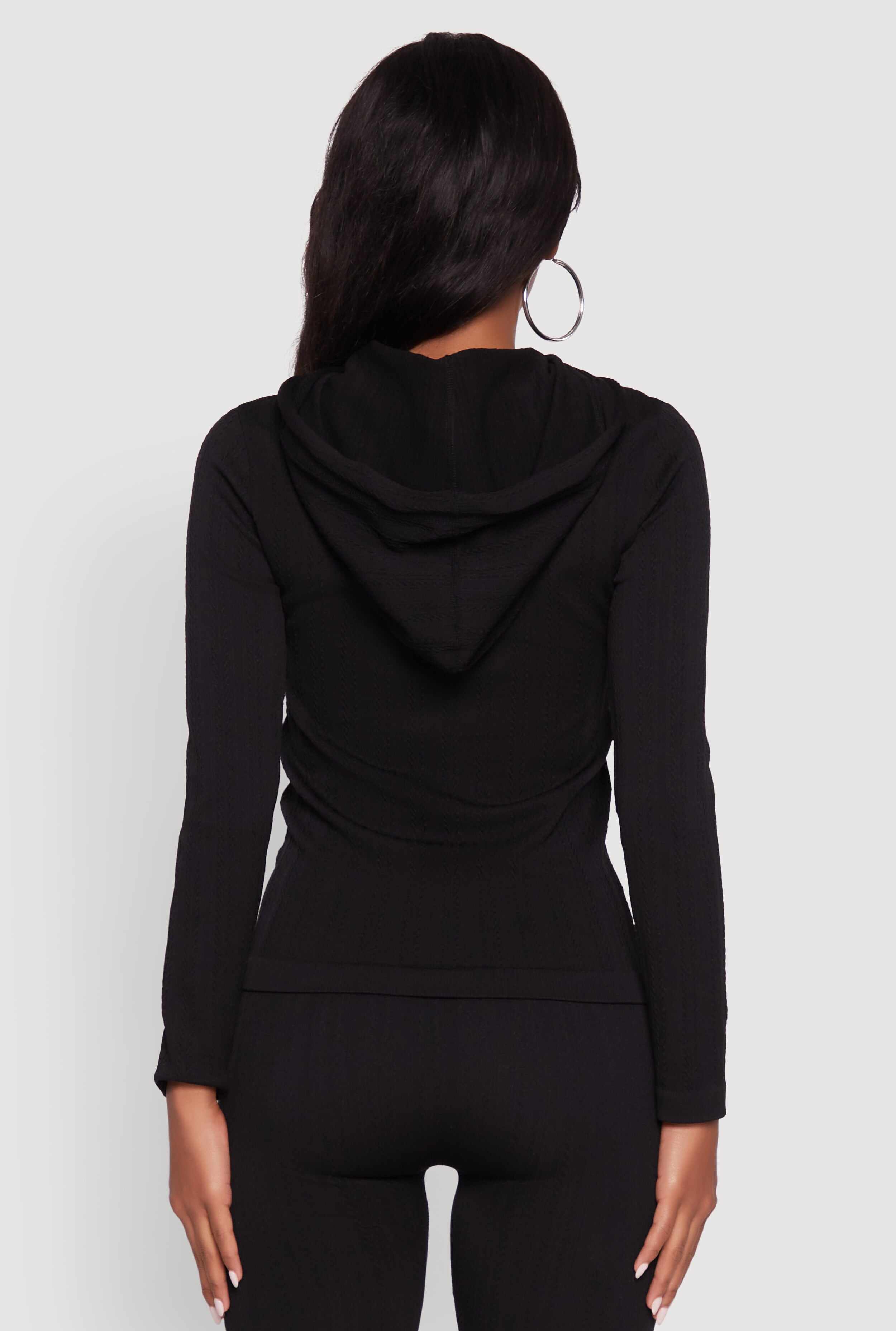 Textured Knit Zip Front Drawstring Hoodie