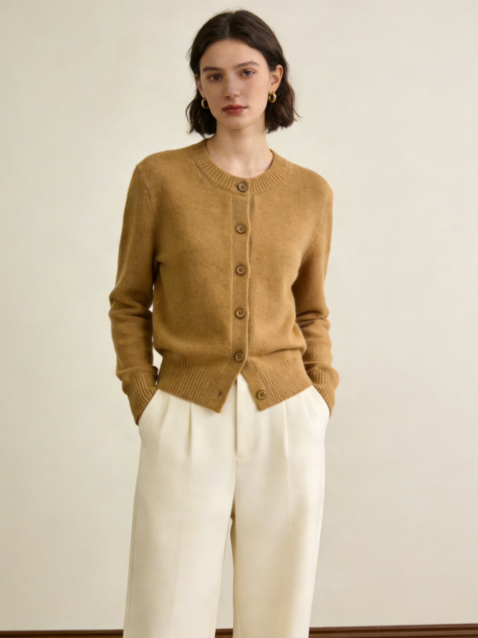 French Khaki Peter Pan Collar Button Patchwork Knit Coats Fall
