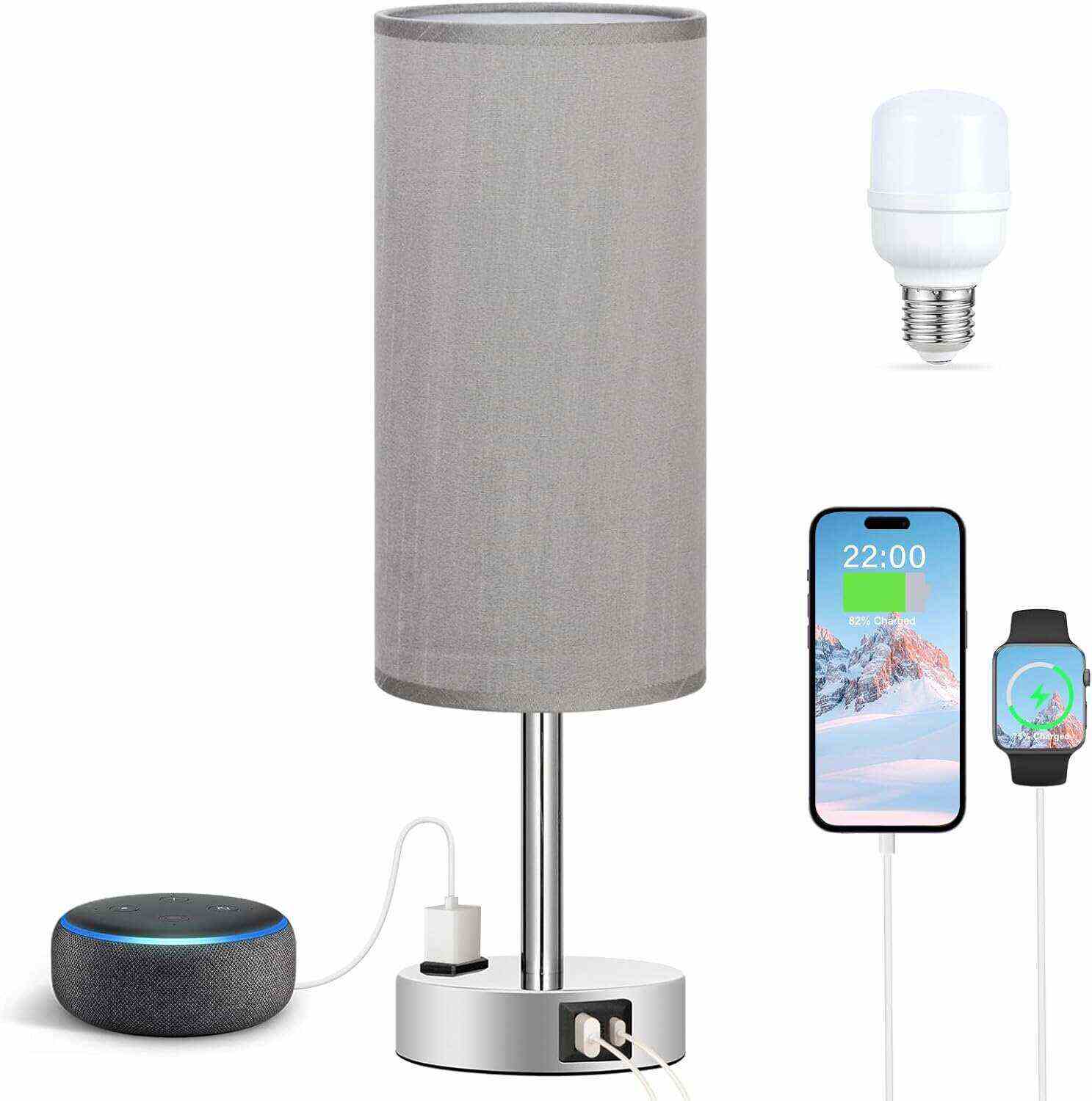 Bedside Table Lamp for Bedroom - 3 Way Dimmable Touch Lamp USB C Charging Ports and AC Outlet, Small Lamp Wood Base Round Flaxen Fabric Shade for Living Room, Desk, LED Bulb Included
