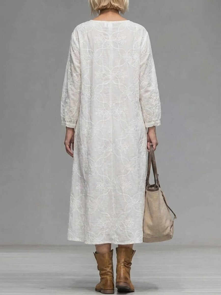 🔥Summer Arrivals🌟Women's Solid Color Round Neck Long-sleeved Casual Loose Cotton Embroidered Dress