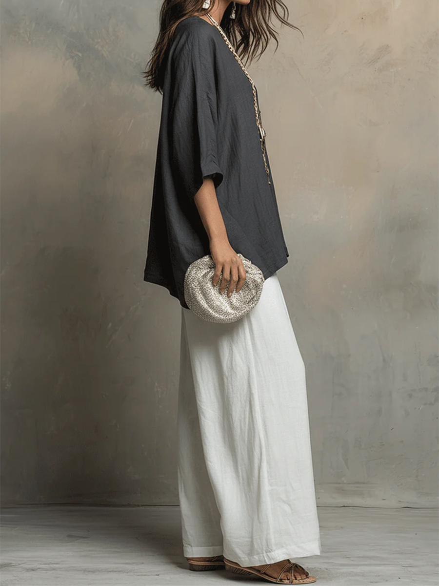 🔥Summer Arrivals🌟Cozy Cotton-linen Irregular Top And Wide-leg Pants Two-piece Set