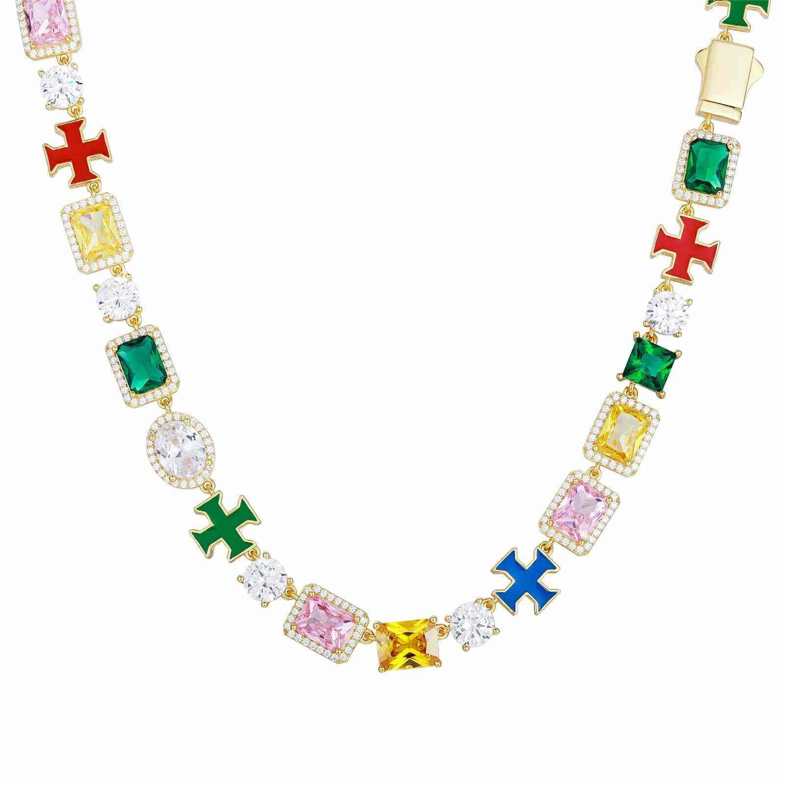 TestTest 10mm S925 Moissanite Enamel Cross Colorful Gemstone Tennis Chain