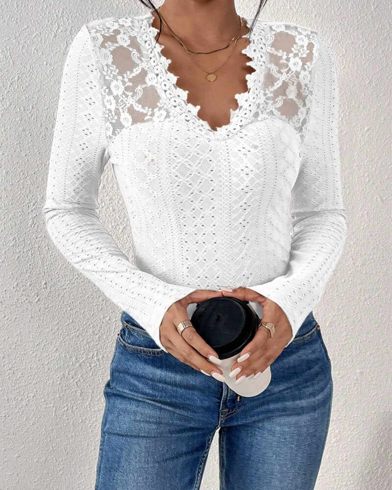 V-Neck Lace Panel Long-Sleeved Top