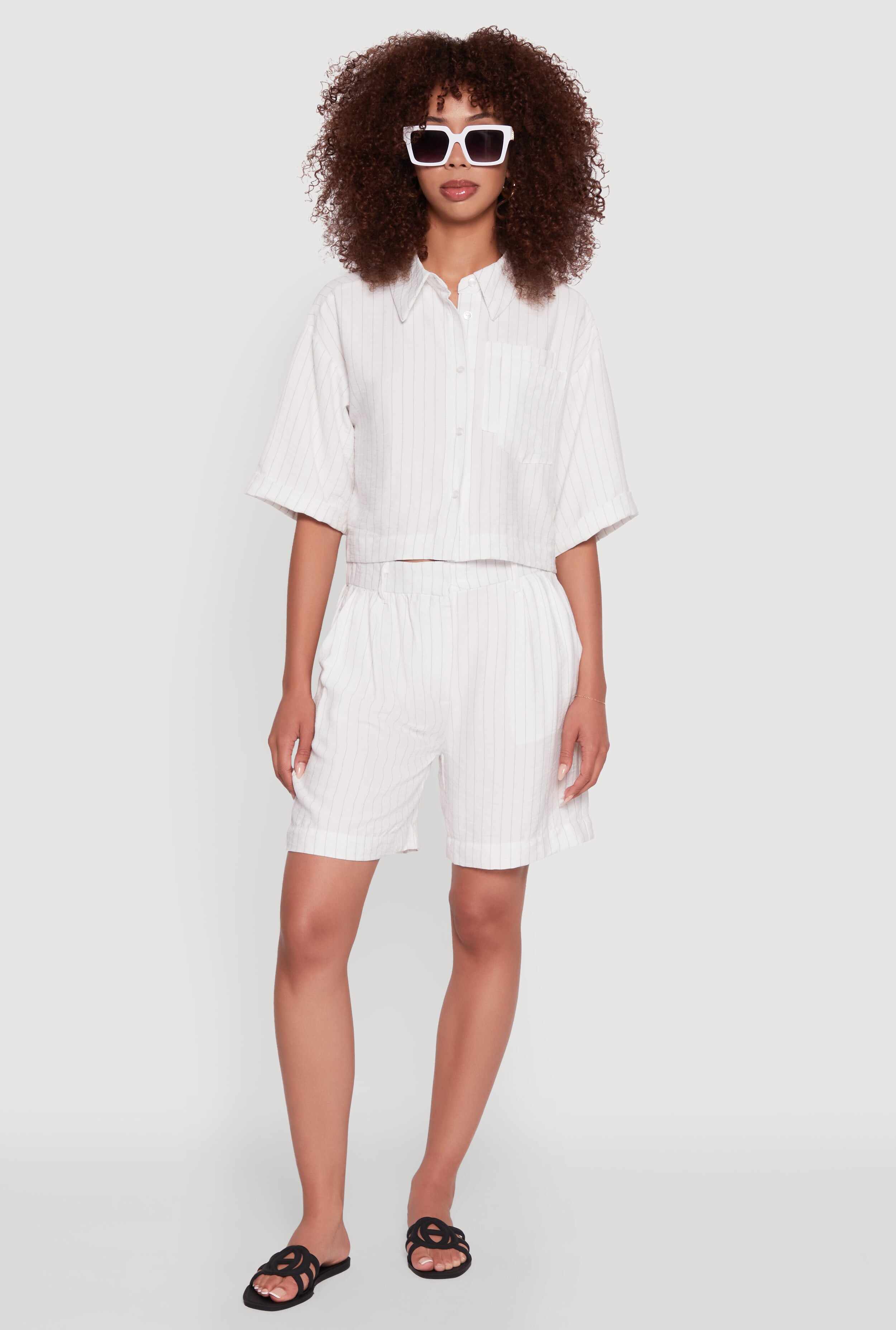 Pinstripe Cropped Button Front Shirt