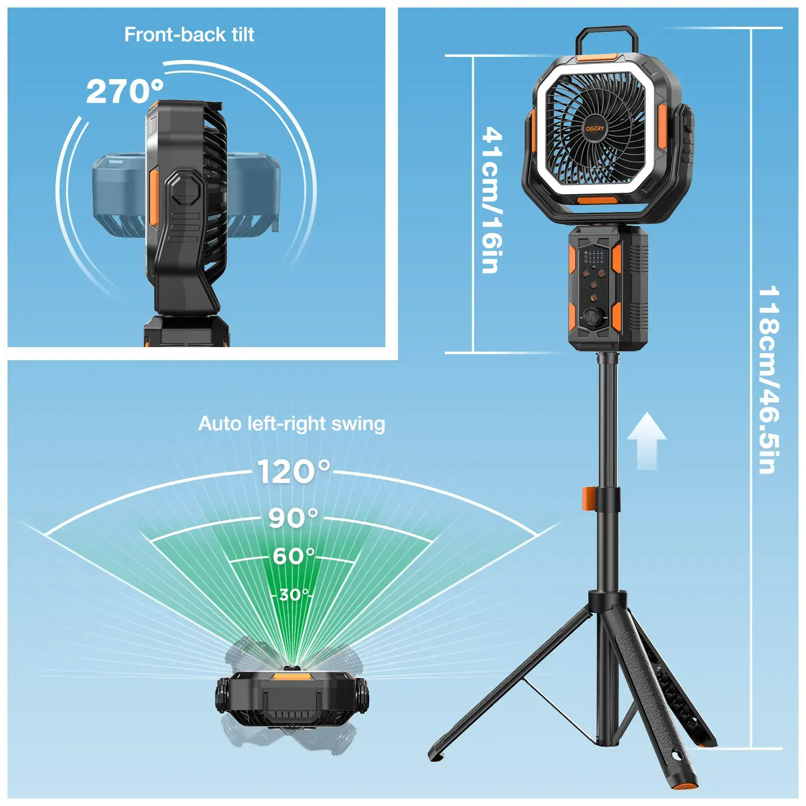 4 in 1 Cordless Camping Fan, 30000mAh Rechargeable Fan with Detachable Tripod, LED Lights & 270° Pivot, Remote Control Oscillating Portable Fan for Tent Travel Bedroom