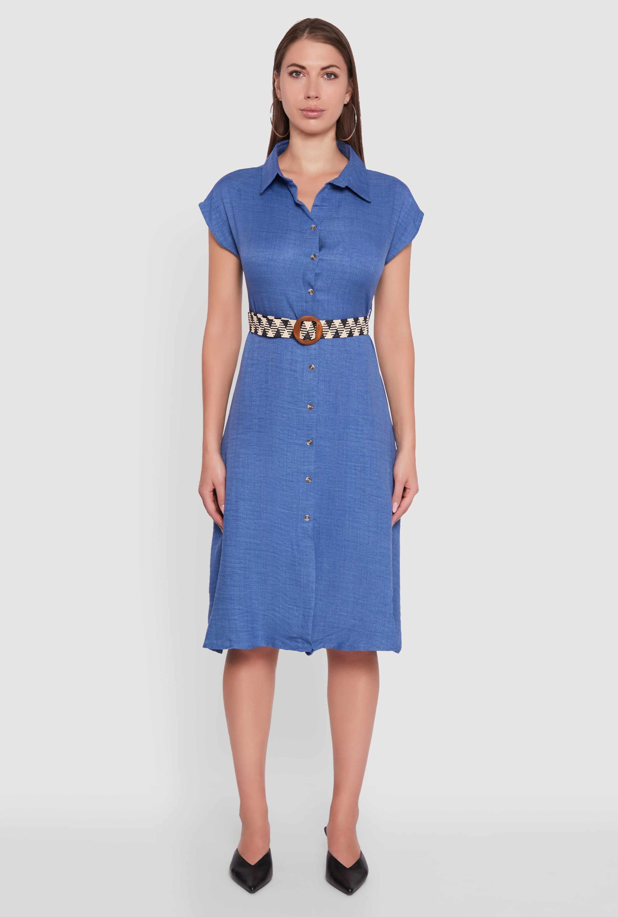 Classic Fit Midi Dress with Belt and Cap Sleeves