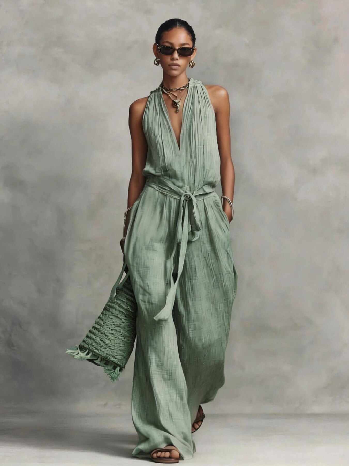 Casual Lace-Up Sleeveless Cotton Blend Jumpsuit