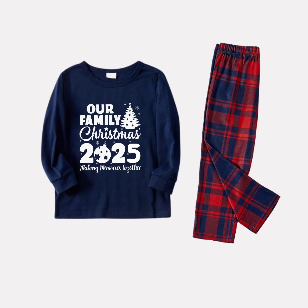 'Our Family Chirstmas 2025 Making Memories Together' Letter Print Blue Long Sleeves Top with Red and Blue Plaid Pants Christmas Matching Pajamas