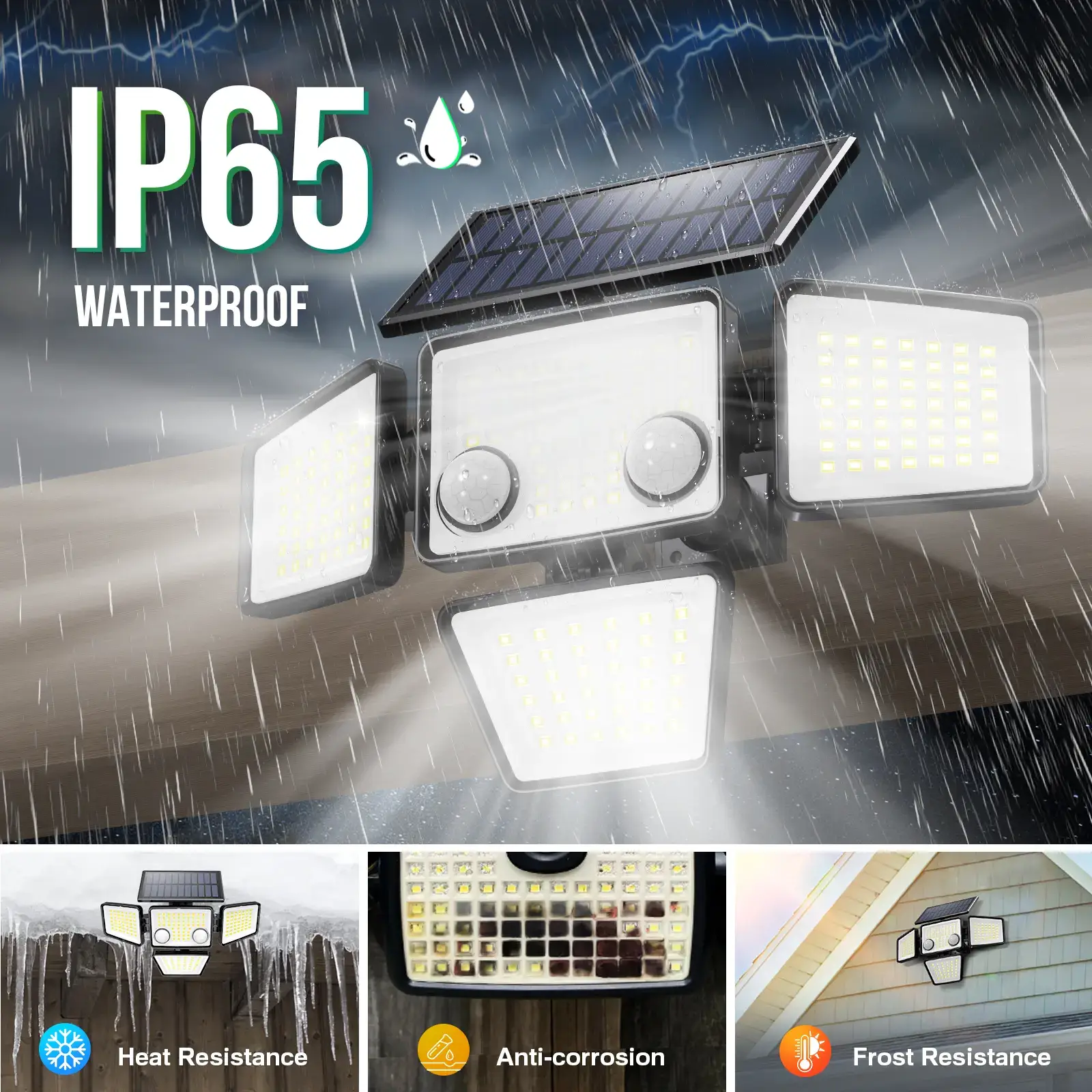 Solar Motion Sensor Lights-4 Heads 3000LM, IP65Waterproof, 270°Wide Angle Lighting Security Light for Yard, Garage, Porch, Pool,Garden,Barn,Patio,Thanksgiving home decor,Holiday Haul,Christmas gifts