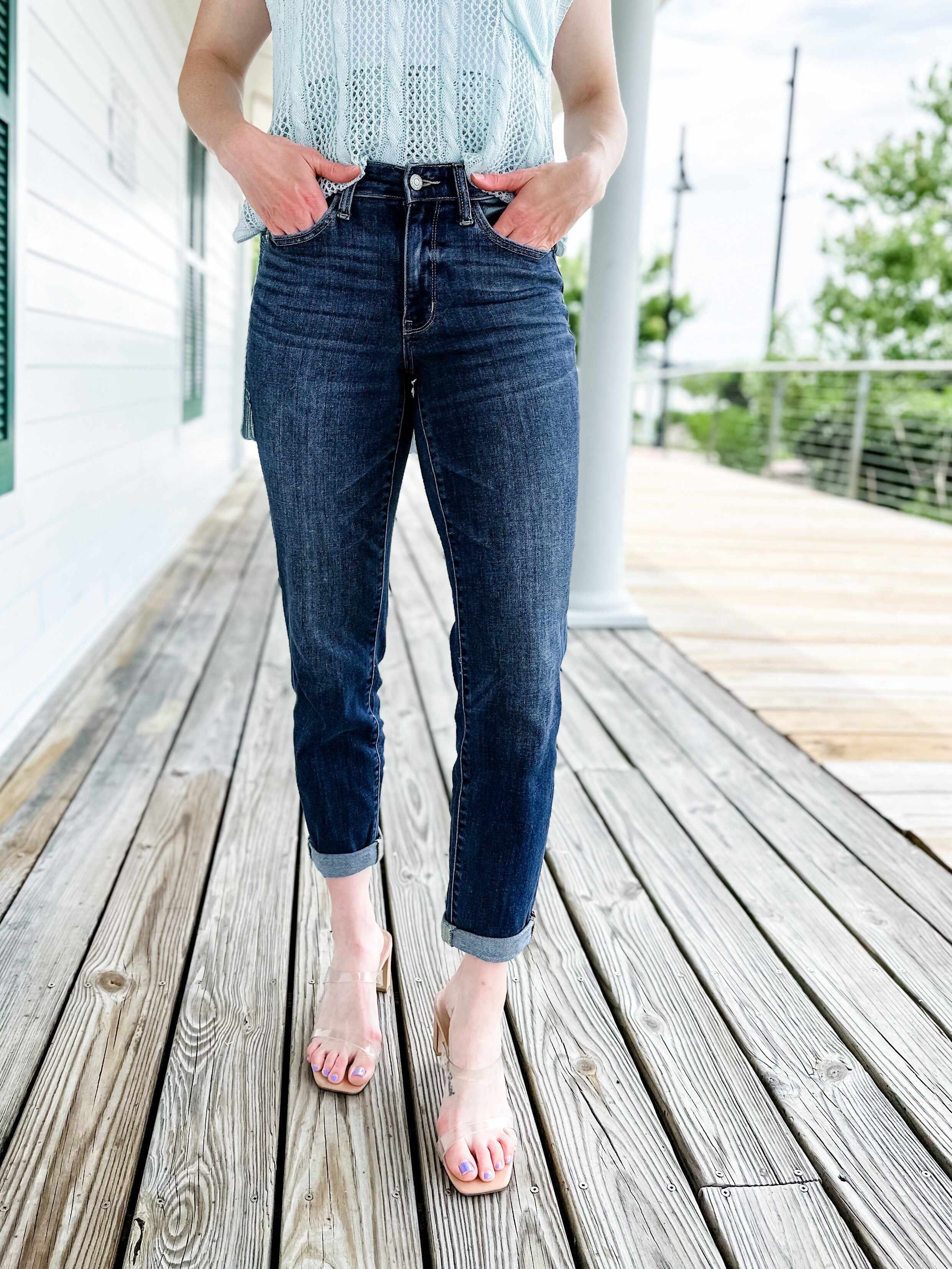 🔥Hot Sales🔥My Favorite Boyfriend Mid Rise Dark Wash Non Distressed Cuffed Boyfriend Jeans