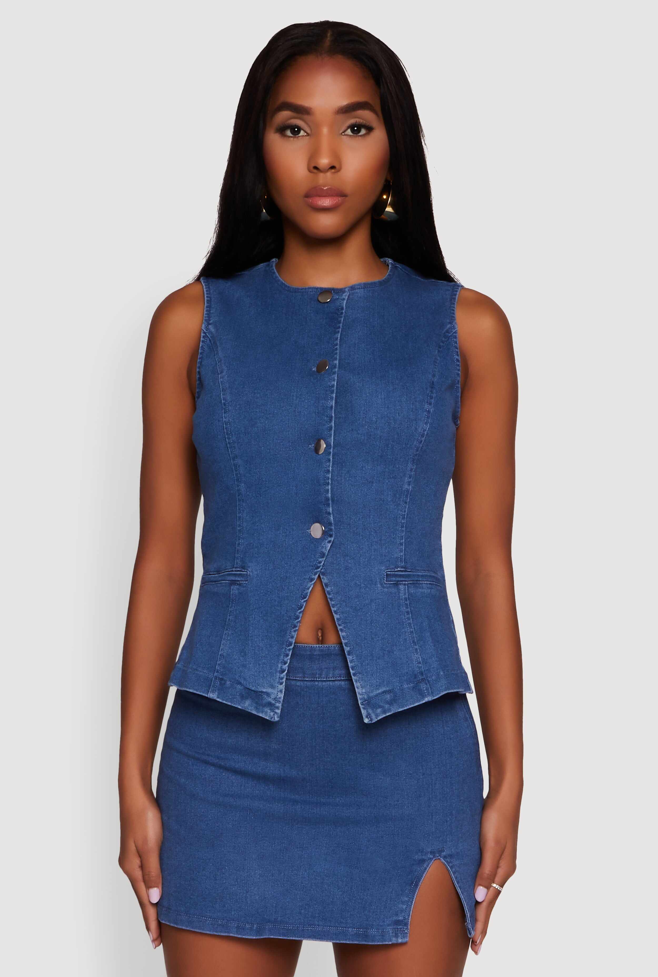 Trendy High Neck Button Front Denim Vest