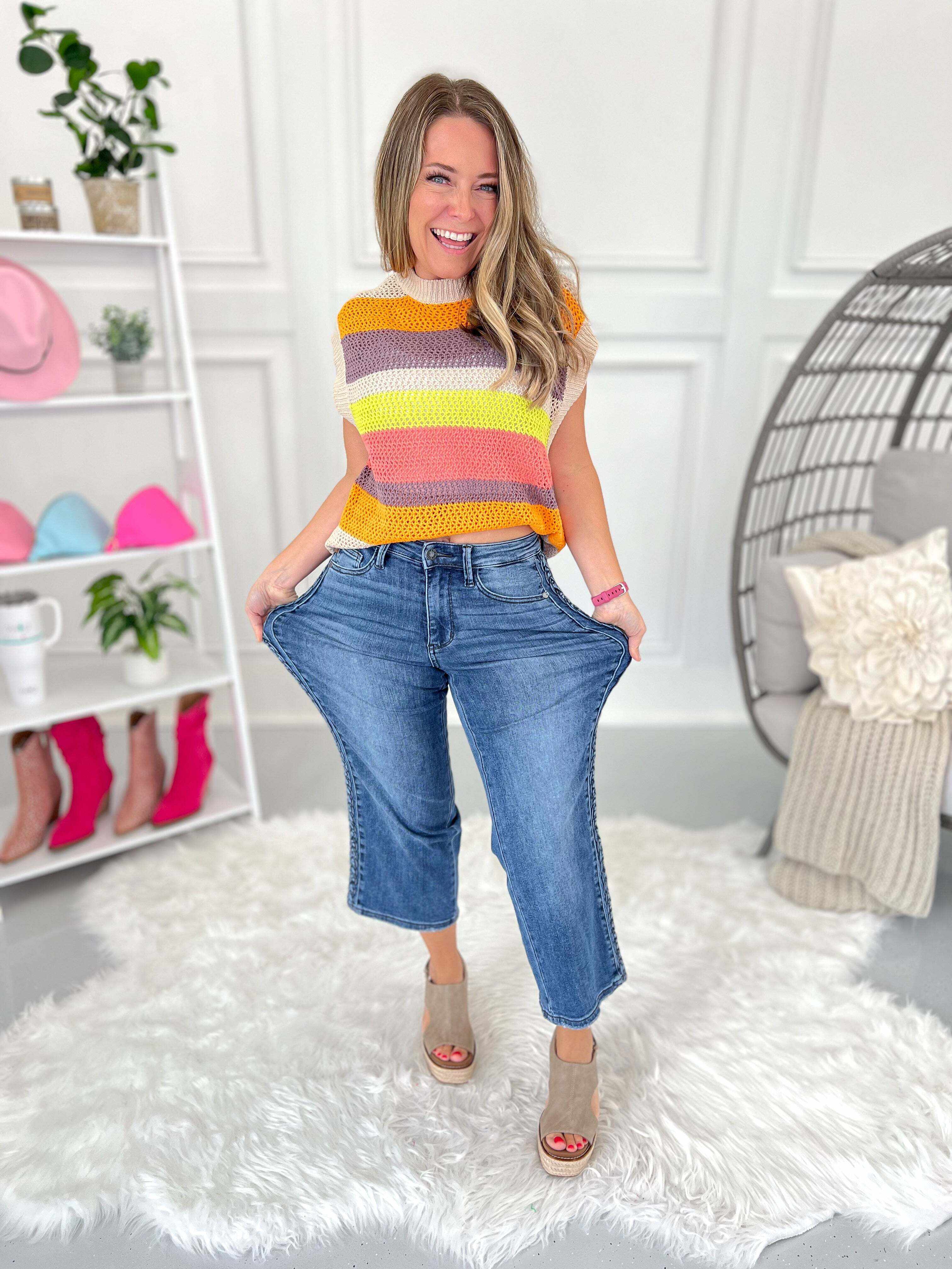 Boho Blues - Christmas Braided Sideseam Cropped Wide Leg Jeans- Final Sale