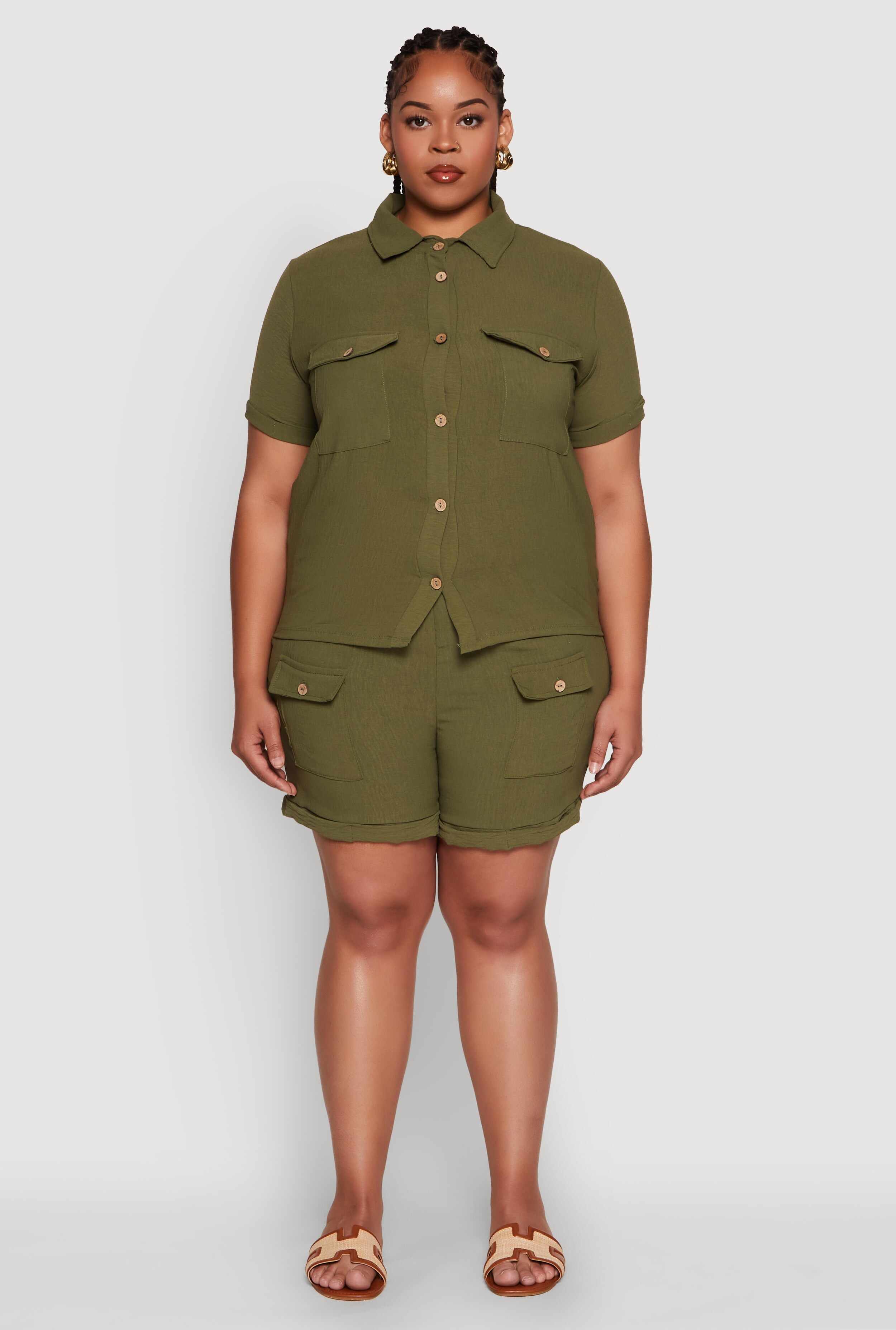 Plus Size Fixed Cuff Shorts with Tie Waist Belt