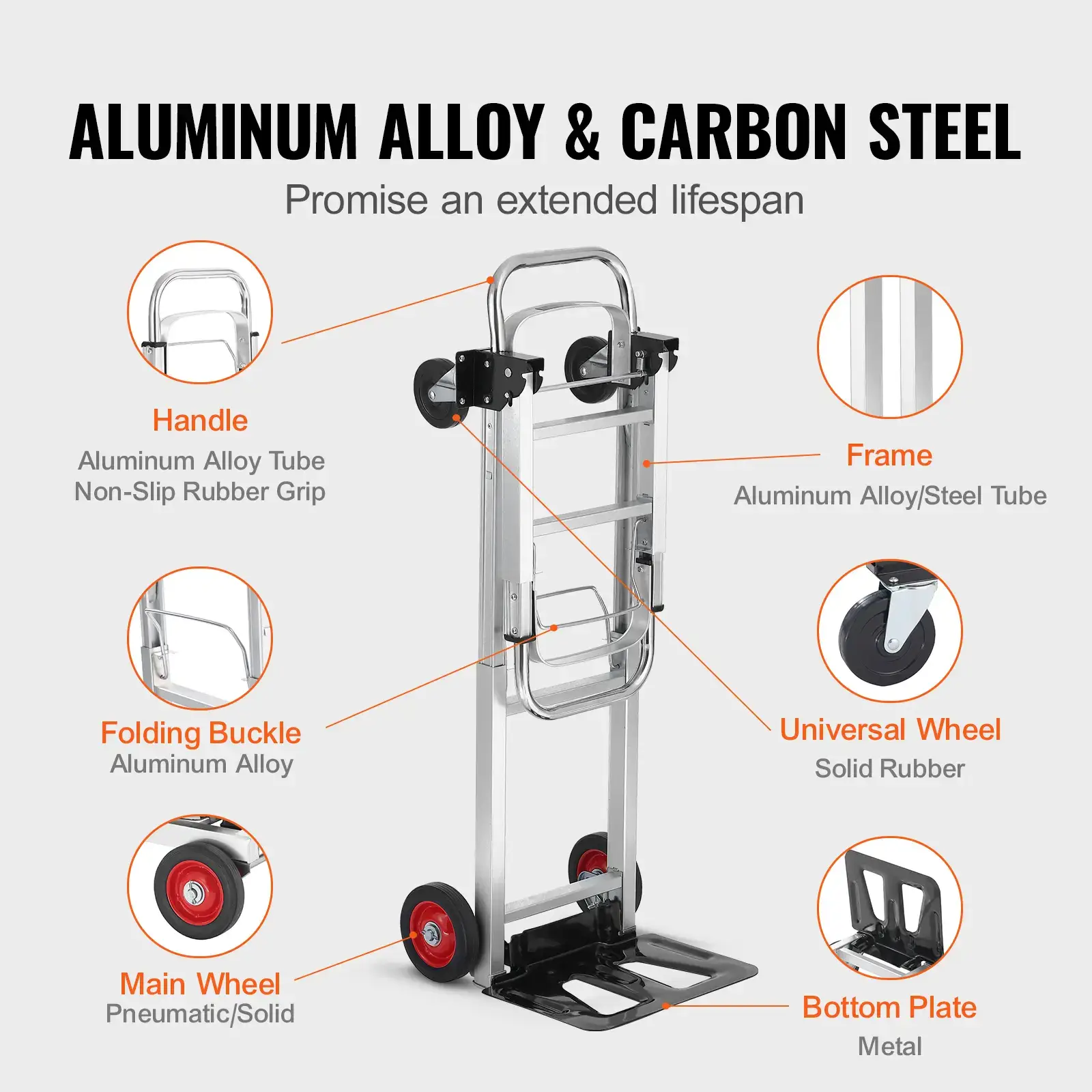 Aluminum Folding Hand Truck, 2 in 1 Design Max 800 lbs Capacity, Heavy Duty Industrial Collapsible cart, Dolly Cart with Rubber Wheels for Transport and Moving in Warehouse, Supermarket, Garden