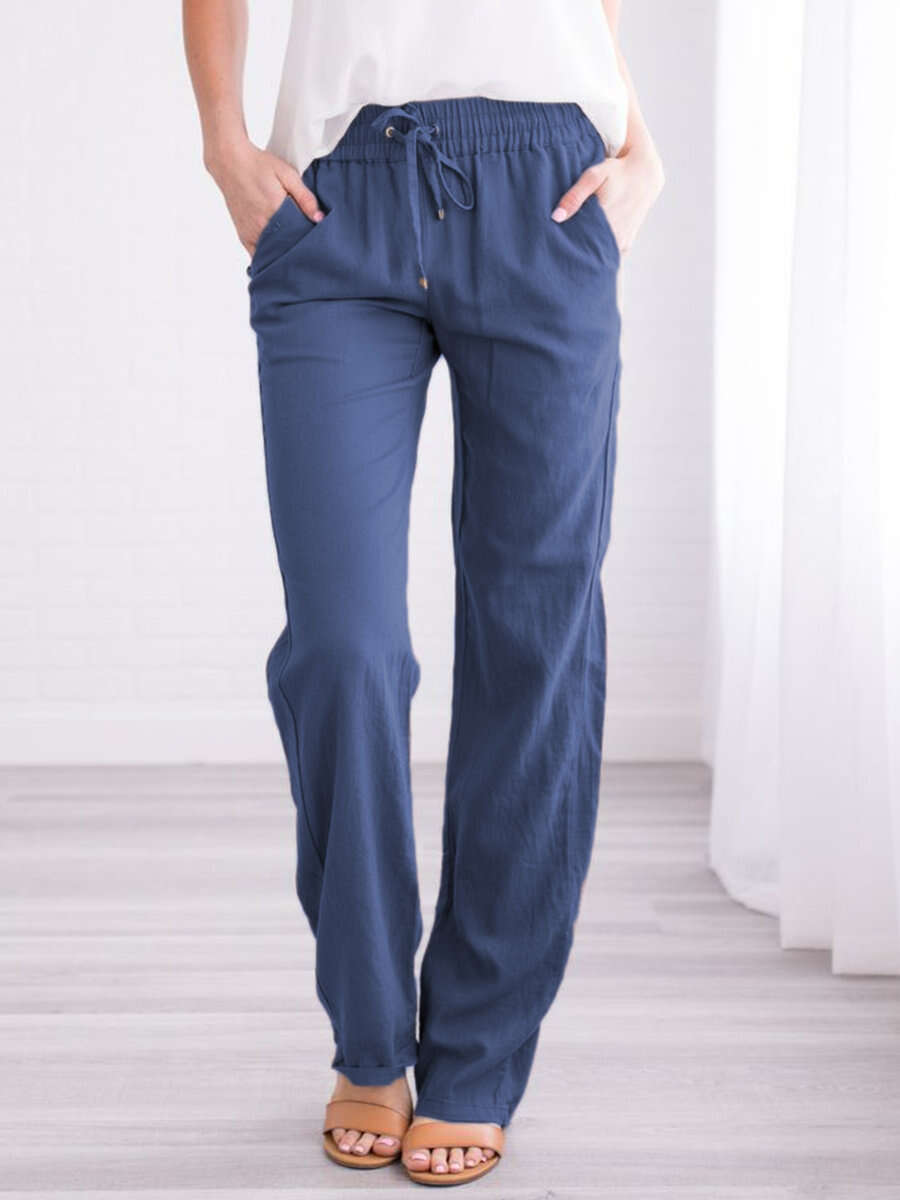 Solid Color Loose Drawcord Casual Wide Leg Pants