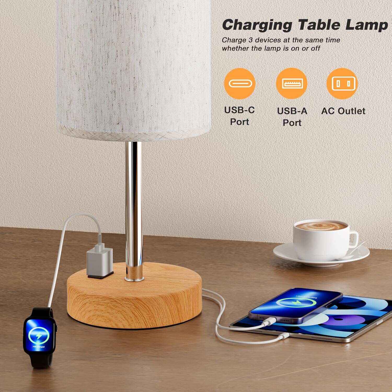 Bedside Table Lamp for Bedroom - 3 Way Dimmable Touch Lamp USB C Charging Ports and AC Outlet, Small Lamp Wood Base Round Flaxen Fabric Shade for Living Room, Desk, LED Bulb Included