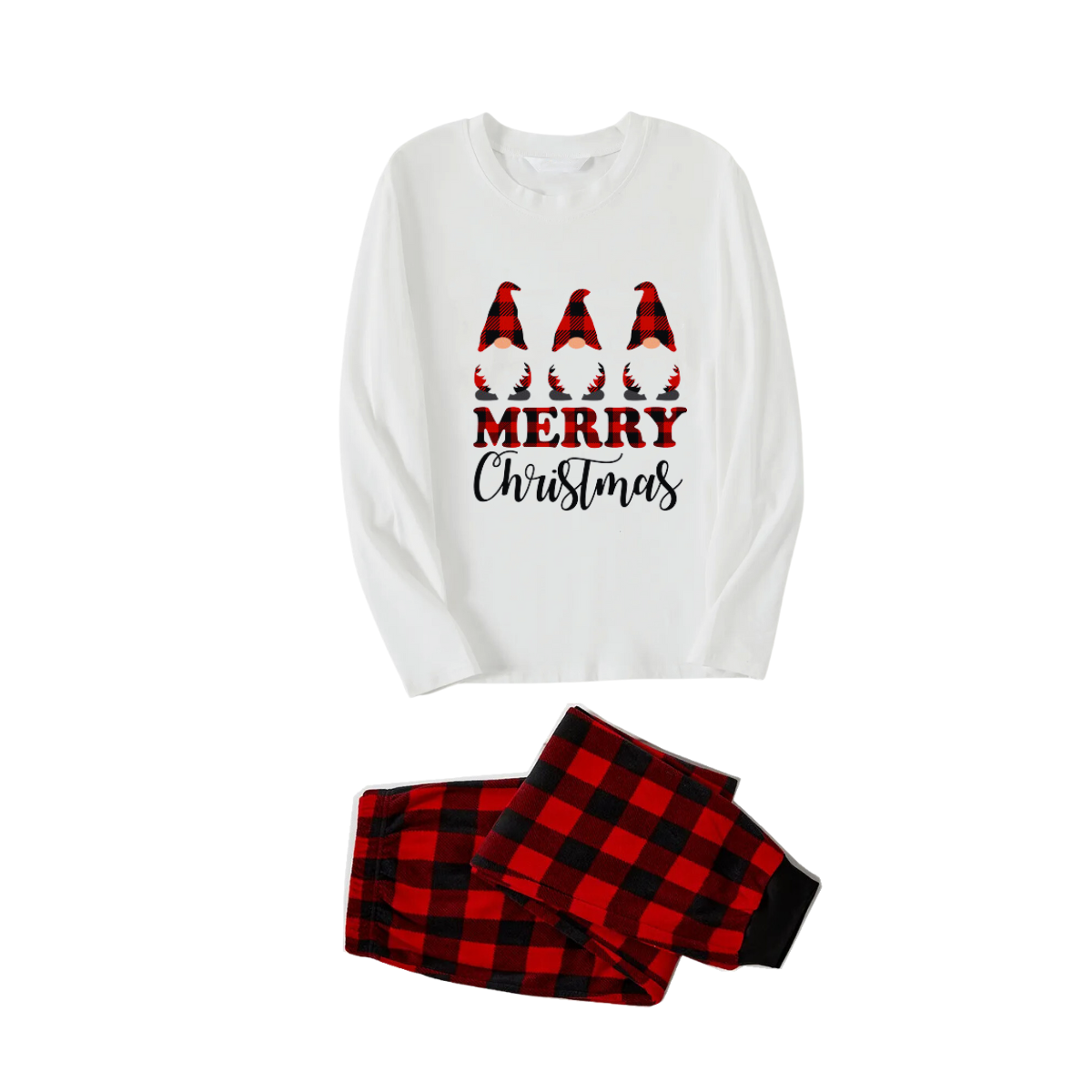 MERRY Christmas Letters And Santa Hat Printed White Long Sleeve Top with Red & Black Plaid Pants Family Pajamas