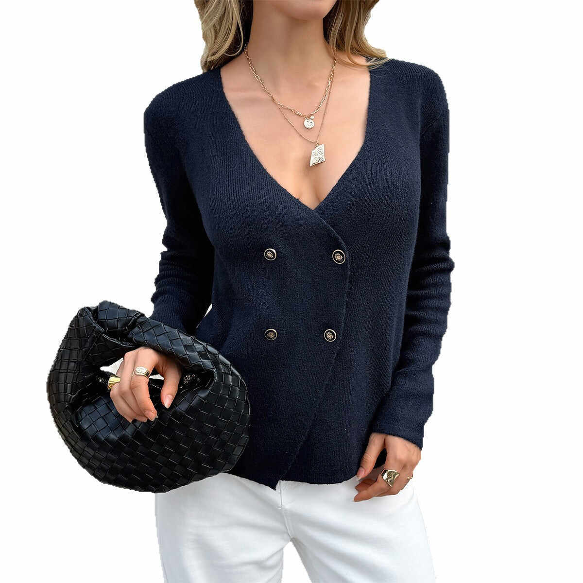 Deep V-neck Button Long Sleeve Jacket Sweater Women's Wear