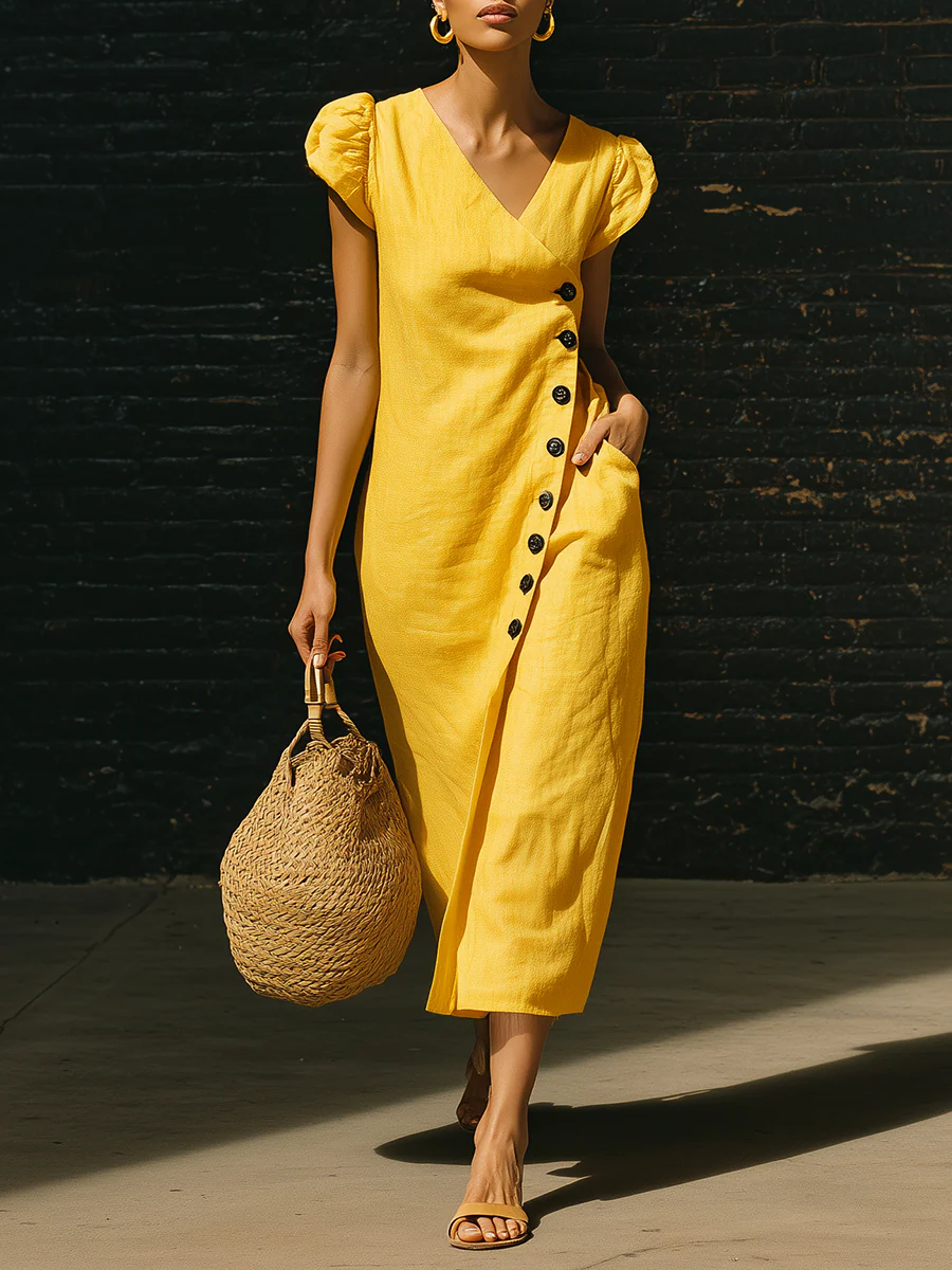 🔥Summer Arrivals🌟Elegant V-neck Button-up Linen Midi Dress