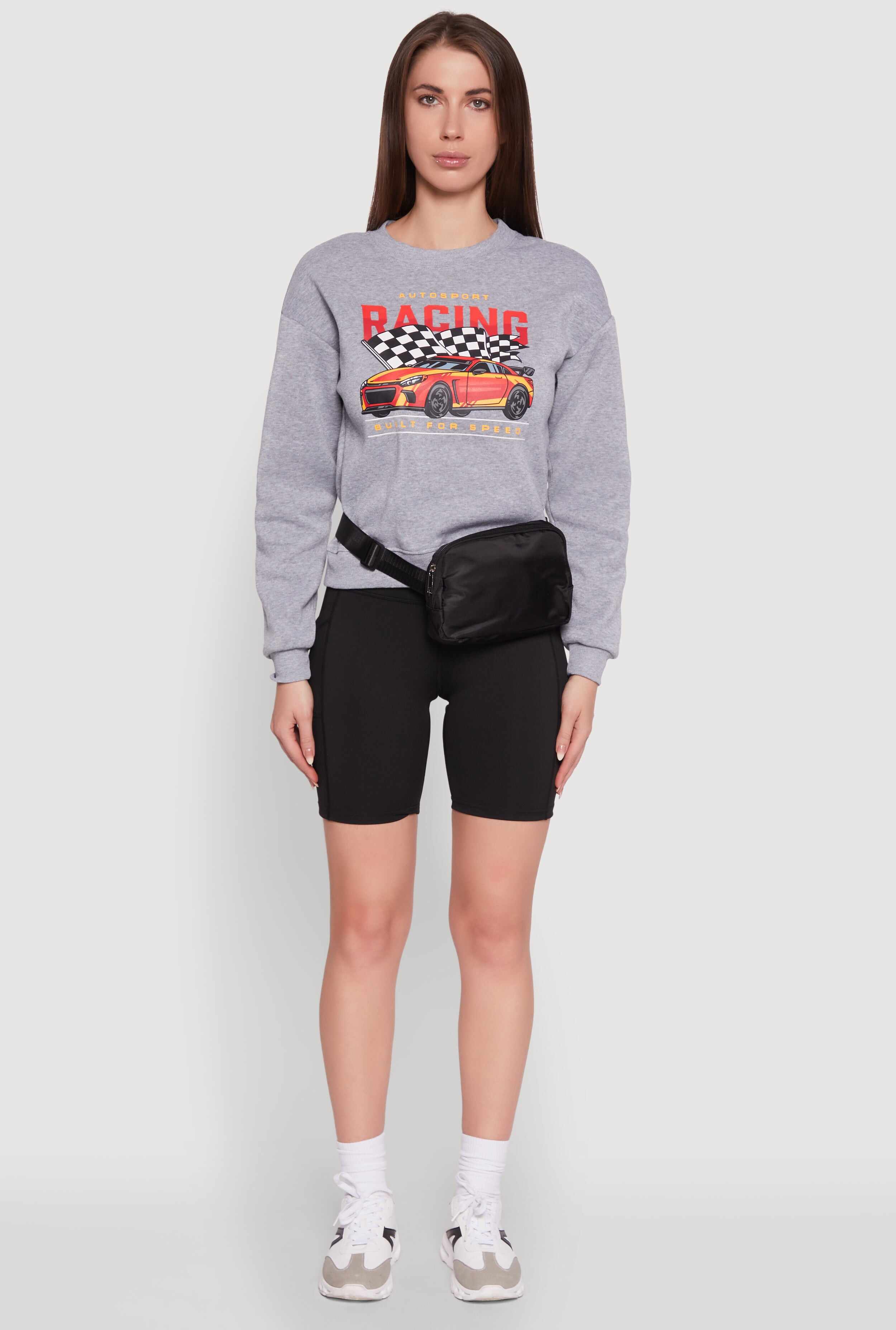 Trendy Racing Graphic Sweatshirt with Biker Shorts and Fanny Pack